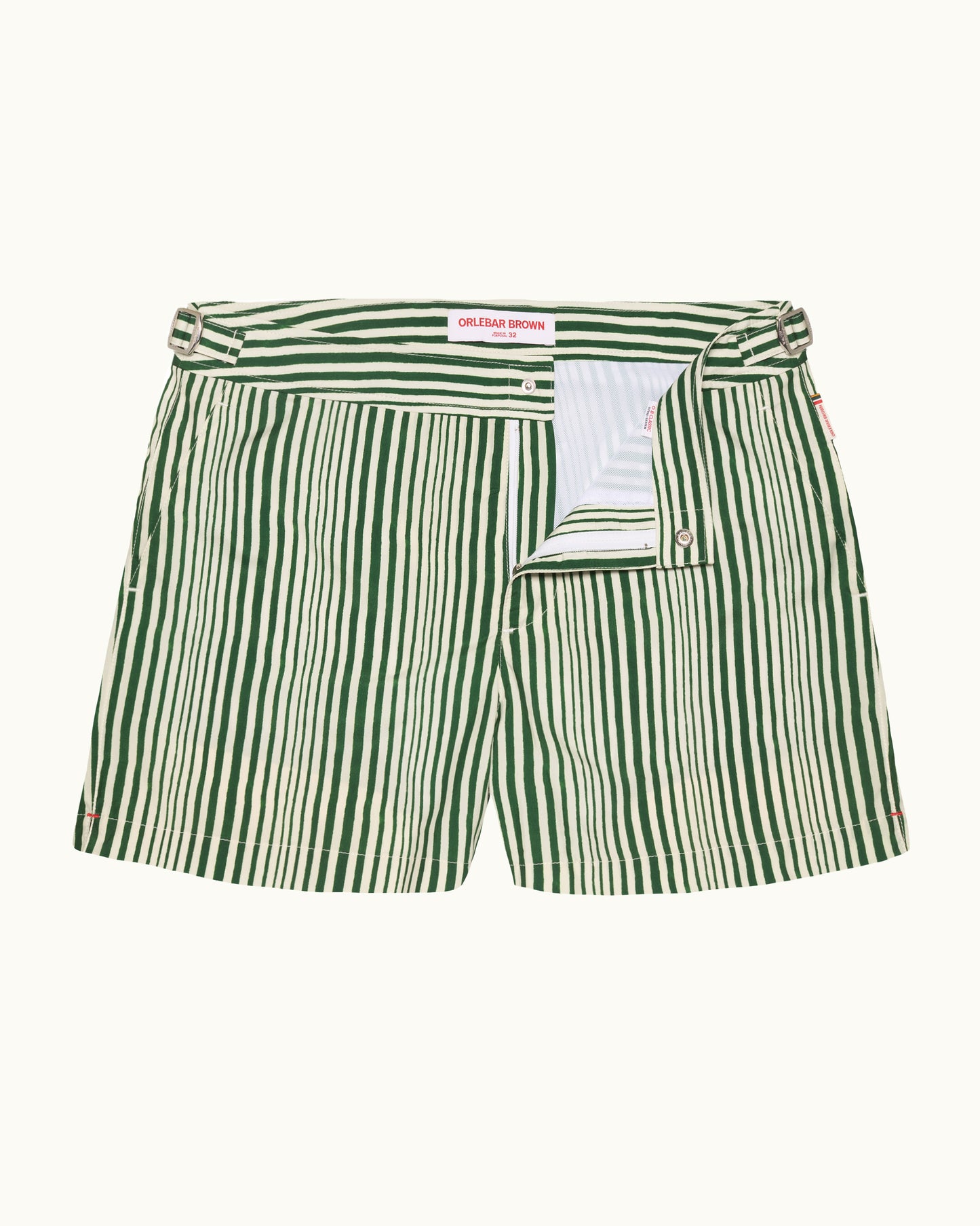 Setter - Shorter-Length Shore Strpe Swim Shorts in Caddie Green/White Front View