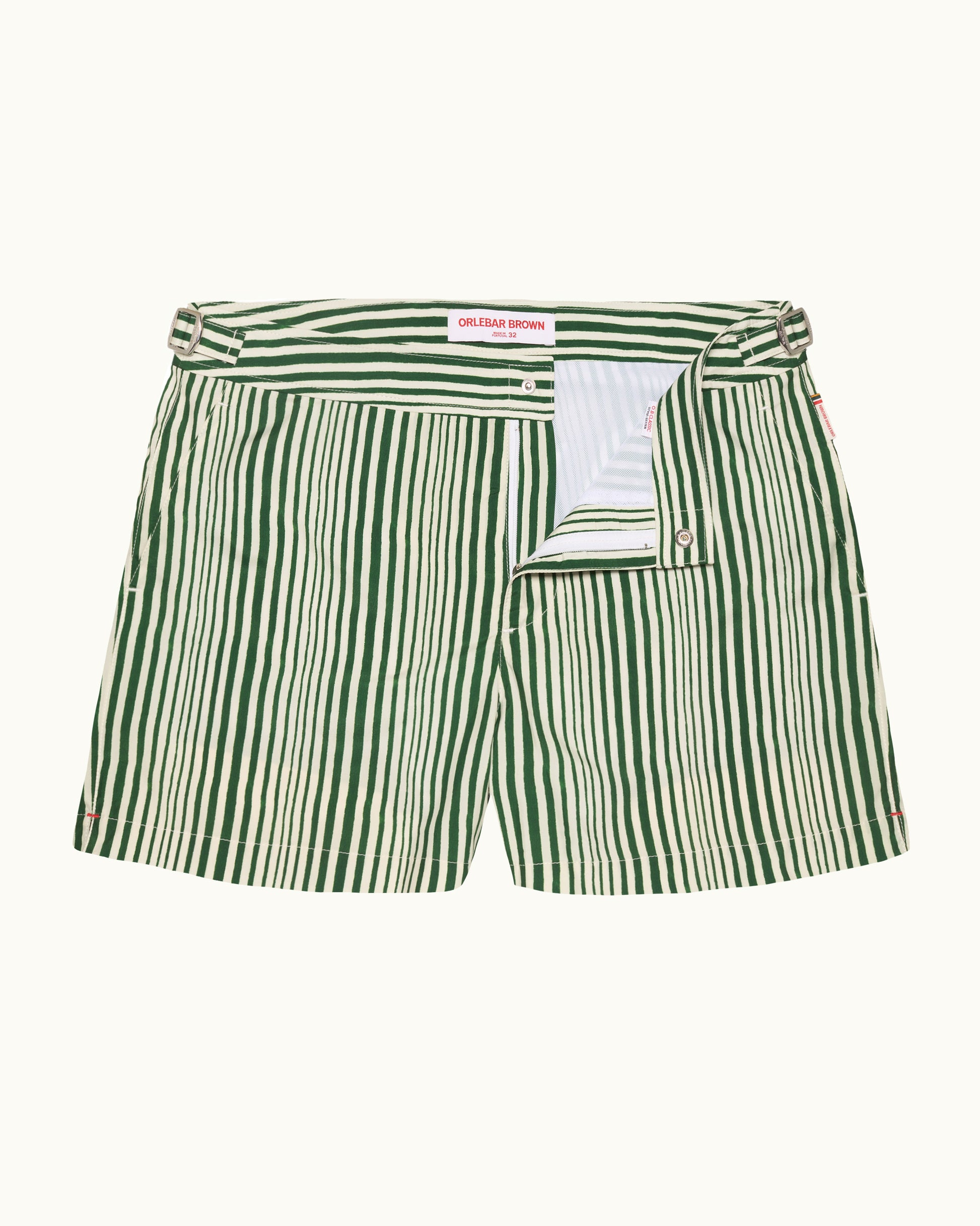 Setter - Shorter-Length Shore Strpe Swim Shorts in Caddie Green/White Front View