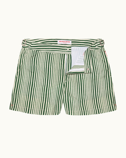 Setter - Shorter-Length Shore Strpe Swim Shorts in Caddie Green/White Front View