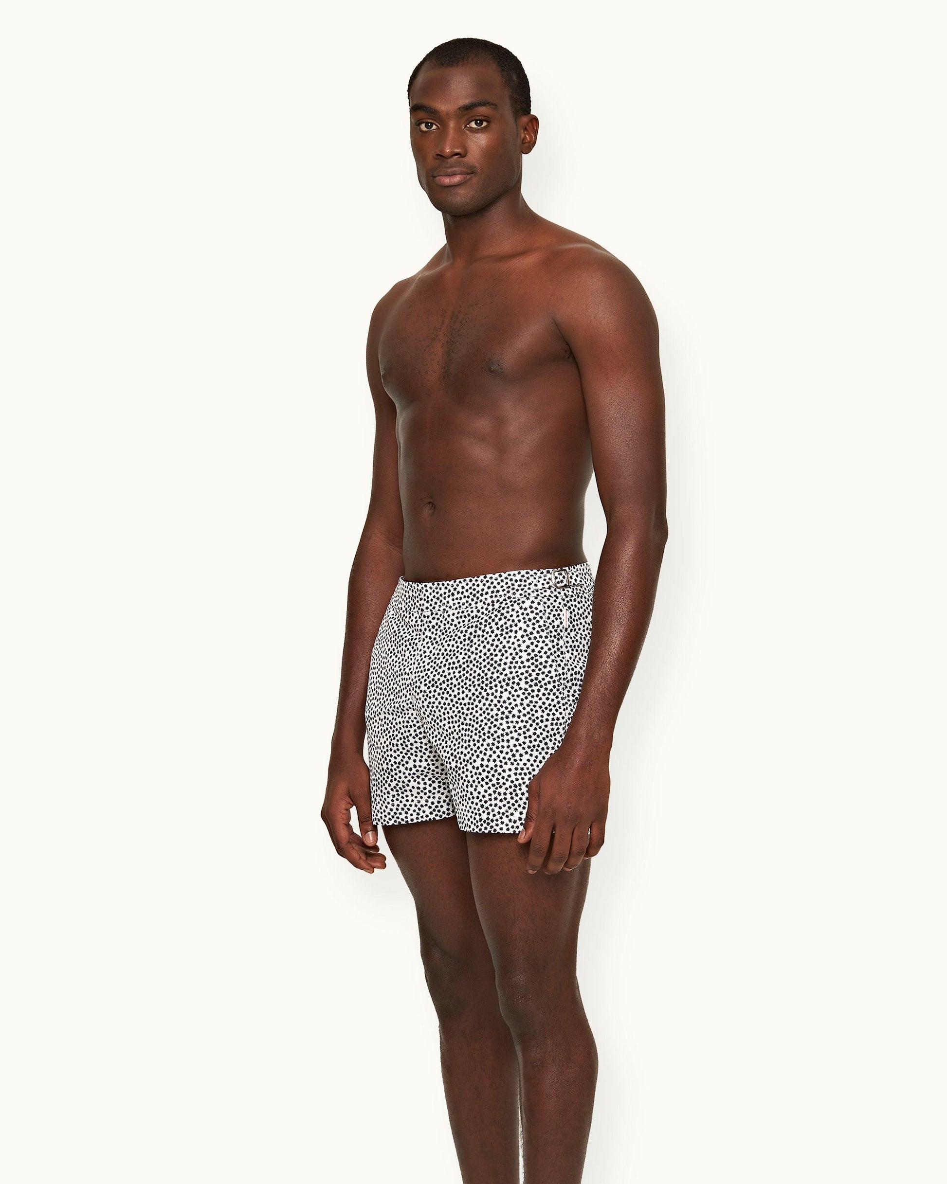 Setter - Mens Star Print Shorter-Length Swim Shorts In Cashew Cashew Left Angle Model View