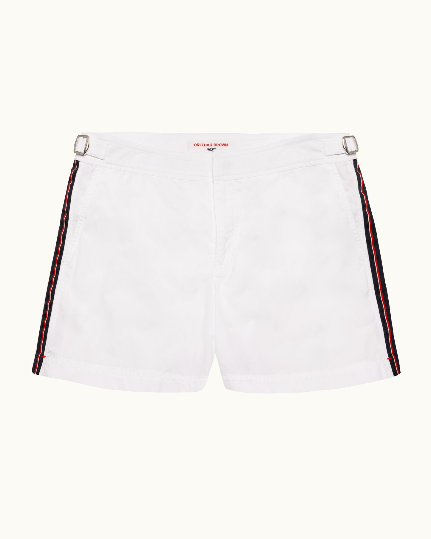 White shorts with red and black side stripes on a white background