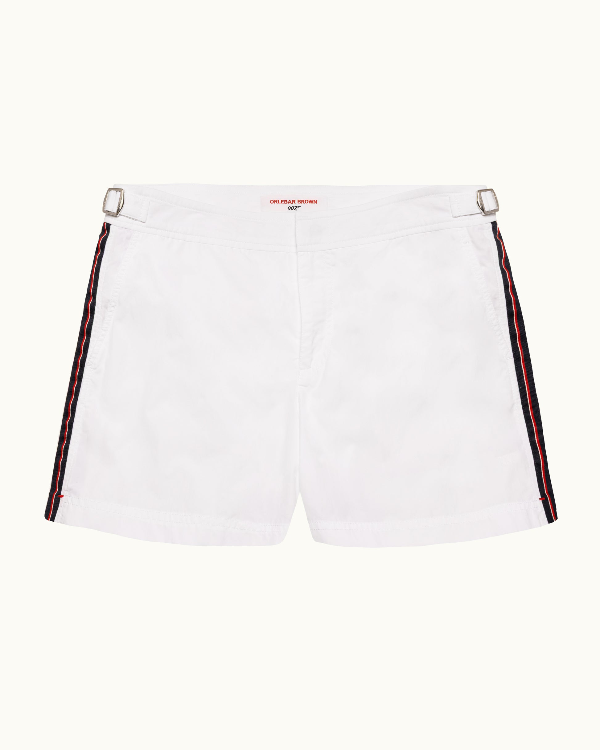 White shorts with red and black side stripes on a white background