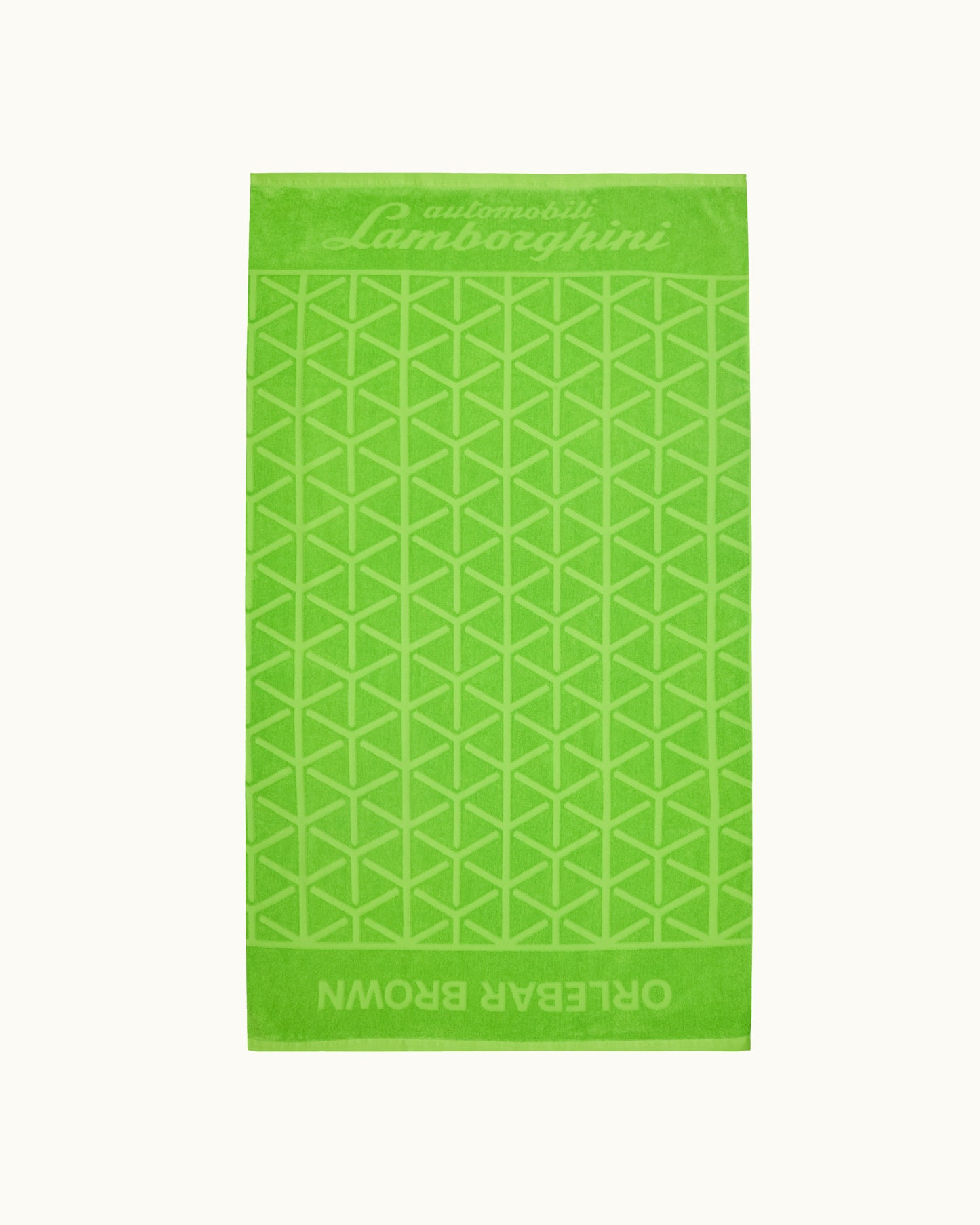 Green towel with geometric pattern and Lamborghini branding on a white background