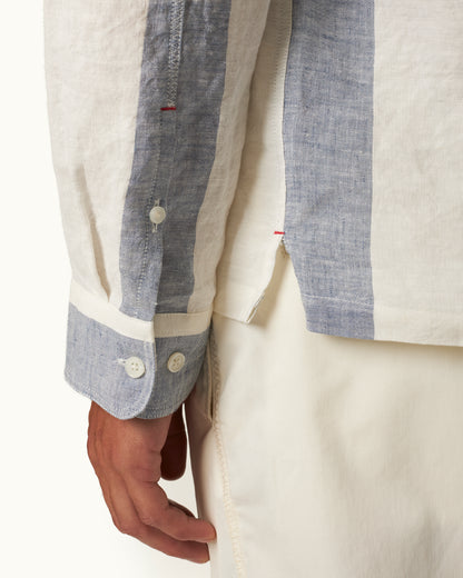 Shanklin - Relaxed Fit Overhead Hooded Stripe Linen Shirt in Bergamo Blue/White Detail 1