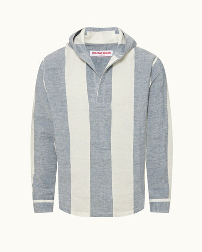 Shanklin - Relaxed Fit Overhead Hooded Stripe Linen Shirt in Bergamo Blue/White Front