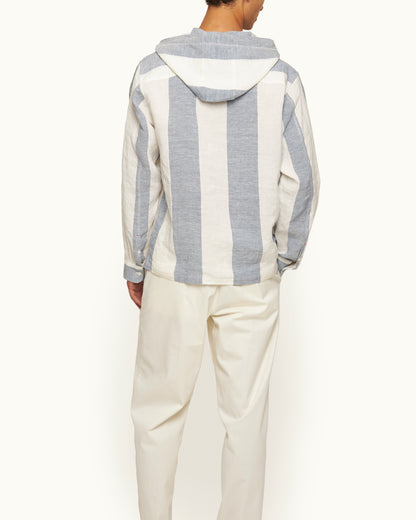 Shanklin - Relaxed Fit Overhead Hooded Stripe Linen Shirt in Bergamo Blue/White Model Back