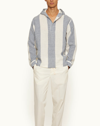 Shanklin - Relaxed Fit Overhead Hooded Stripe Linen Shirt in Bergamo Blue/White Model Front