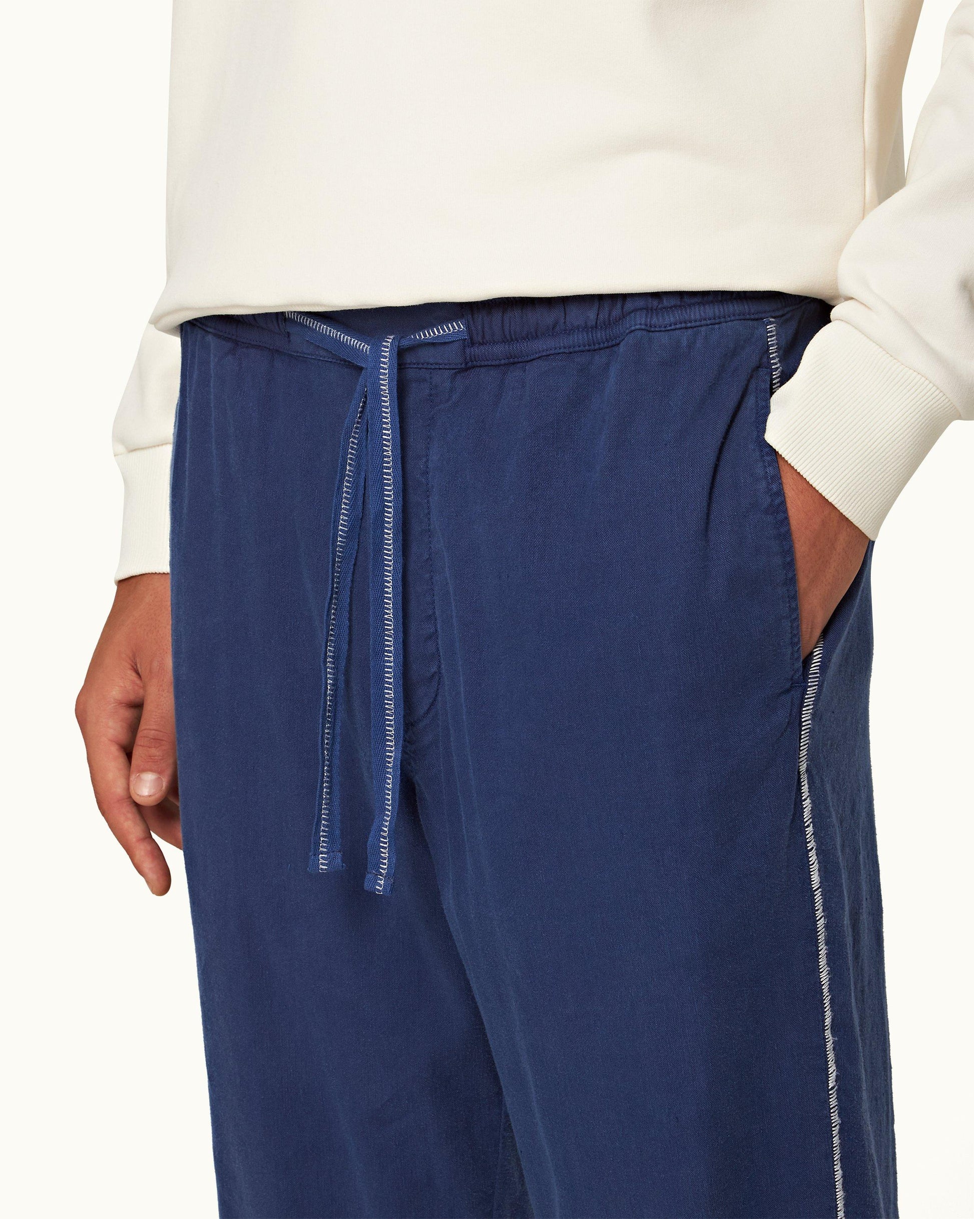 Sonoran - Mens Lagoon Blue Ladder Stitch Relaxed Fit Garment-Dyed Trousers Detail View