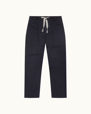 Sonoran - Relaxed Fit Linen Blend Botanic Embroidery Trousers in Night Iris Front View
