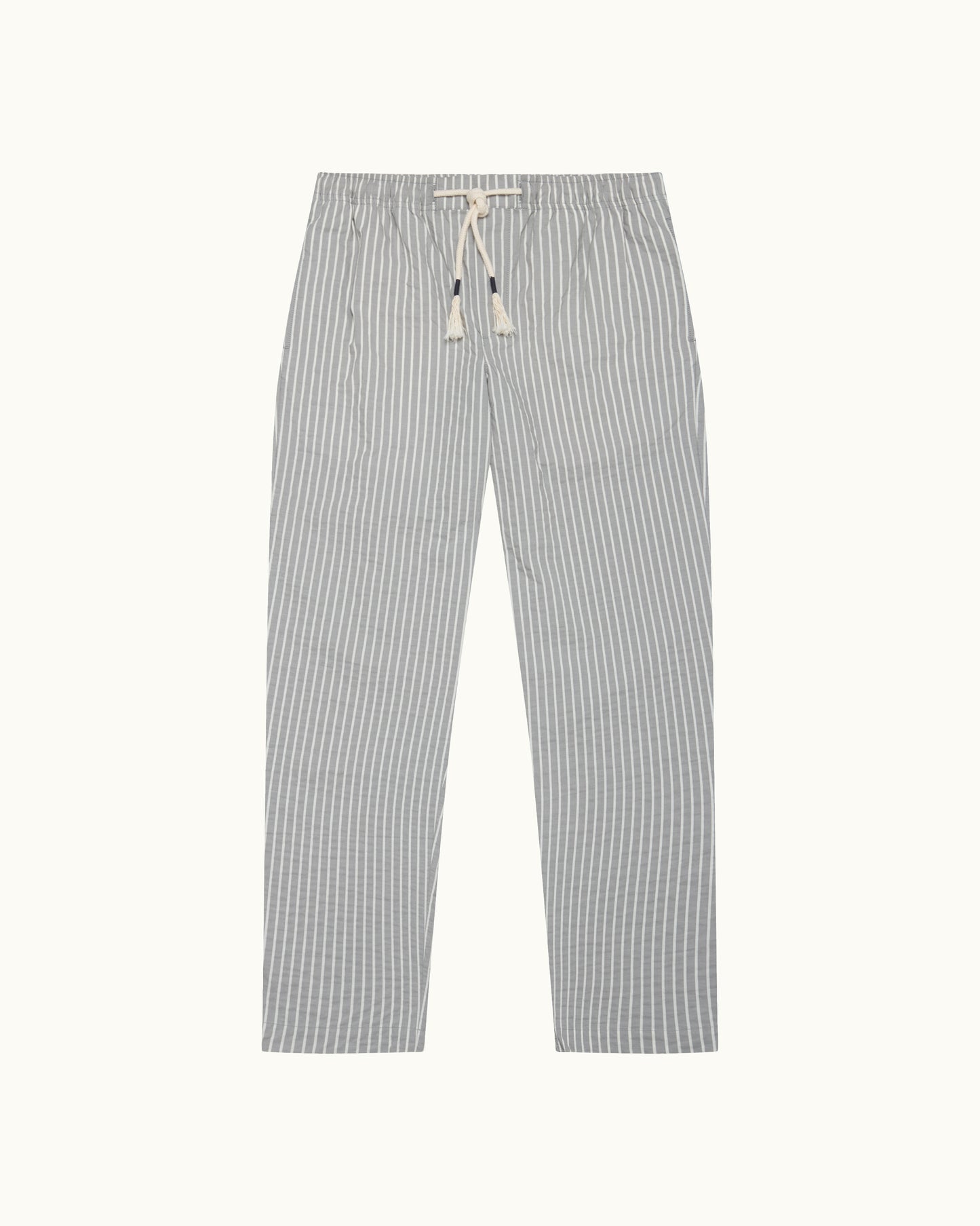 Light grey trousers with light stripe and drawstring waist on a plain background