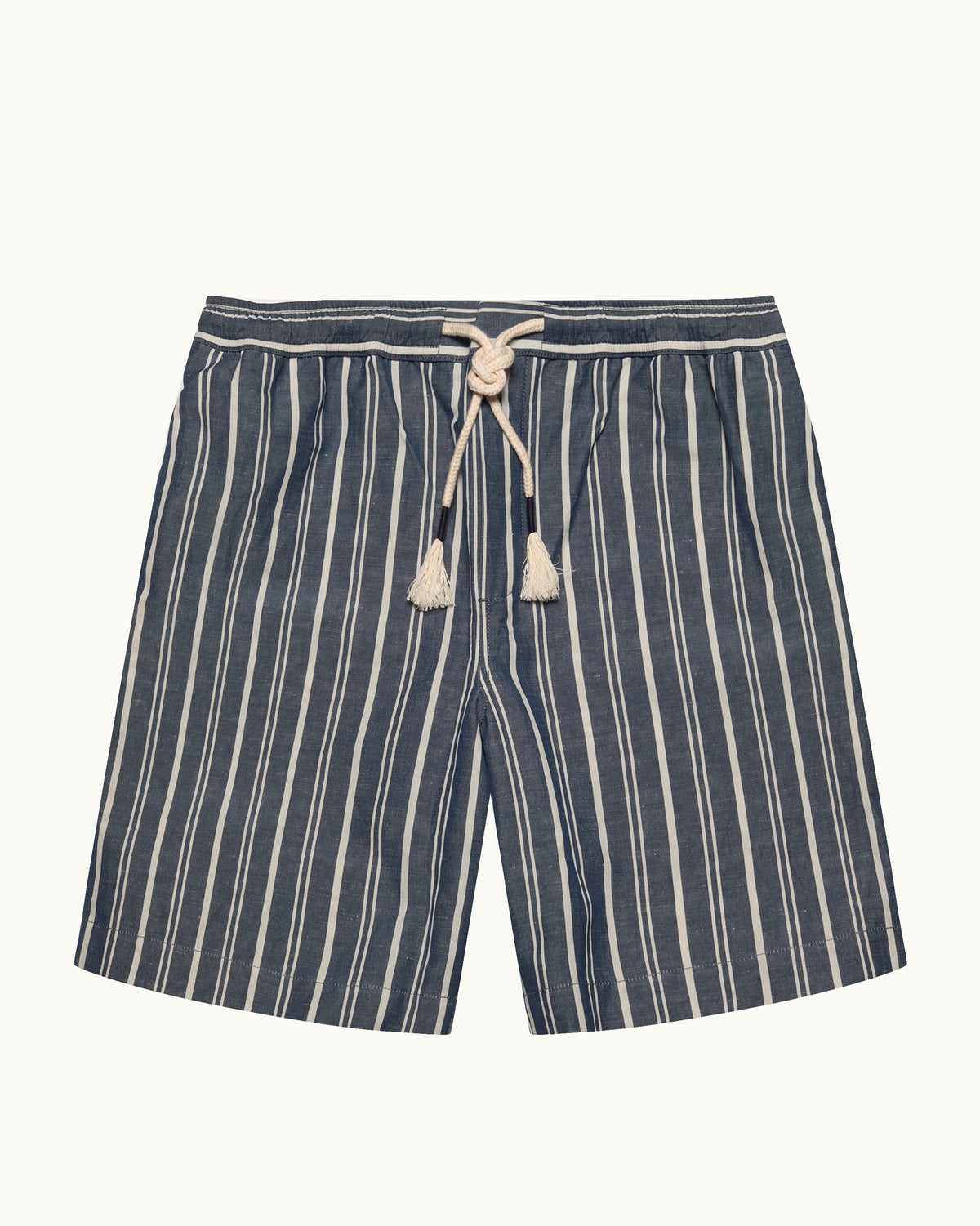Navy-and-latte striped drawcord-waist shorts on a white background