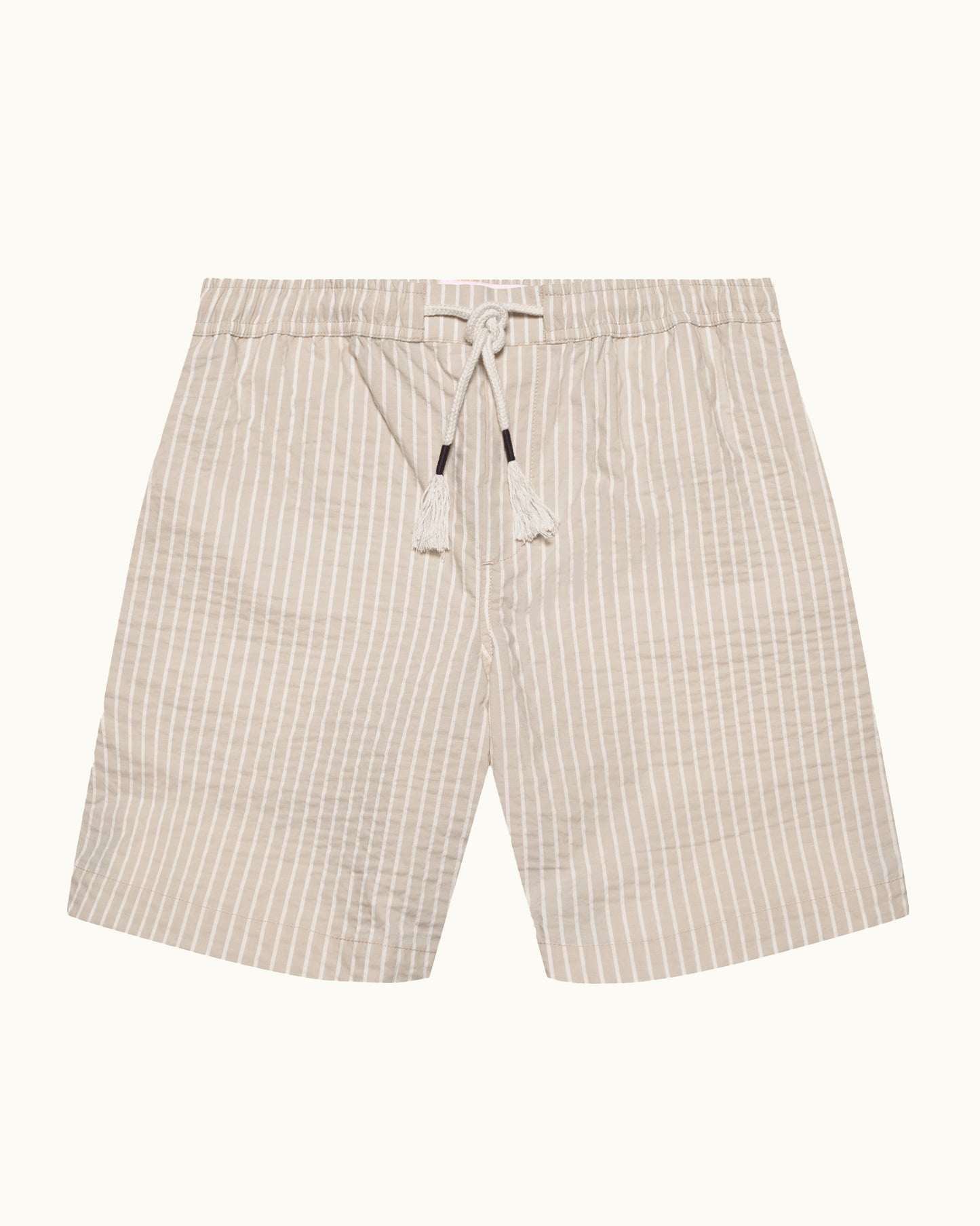 Beige stripe shorts with a drawstring on a white background
