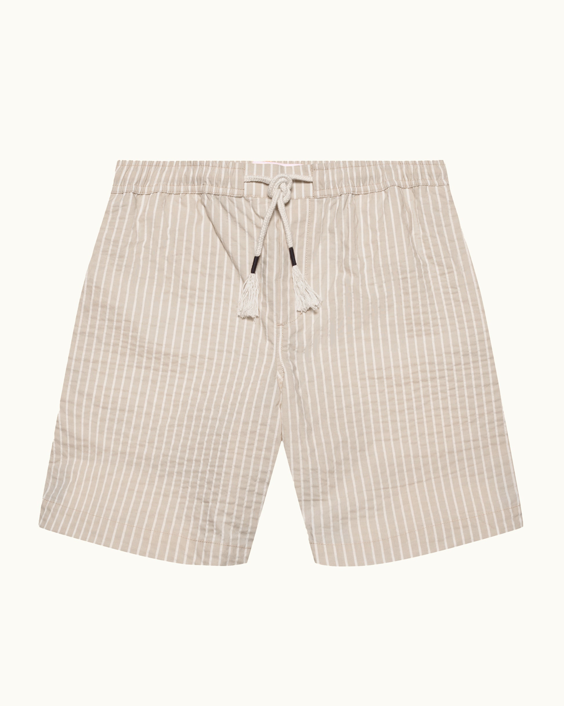 Beige stripe shorts with a drawstring on a white background