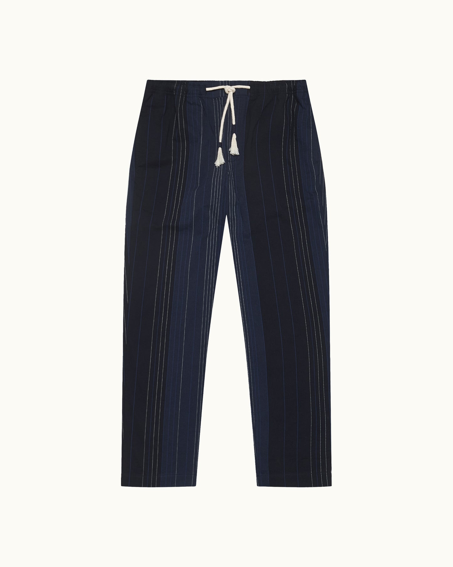 Navy blue pants with white stripes on a white background