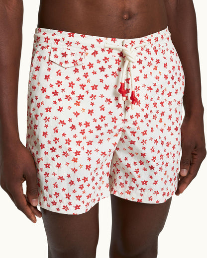 Standard - Budding Life Print Mid-Length Drawcord Swim Shorts in White Sand colour Detail
