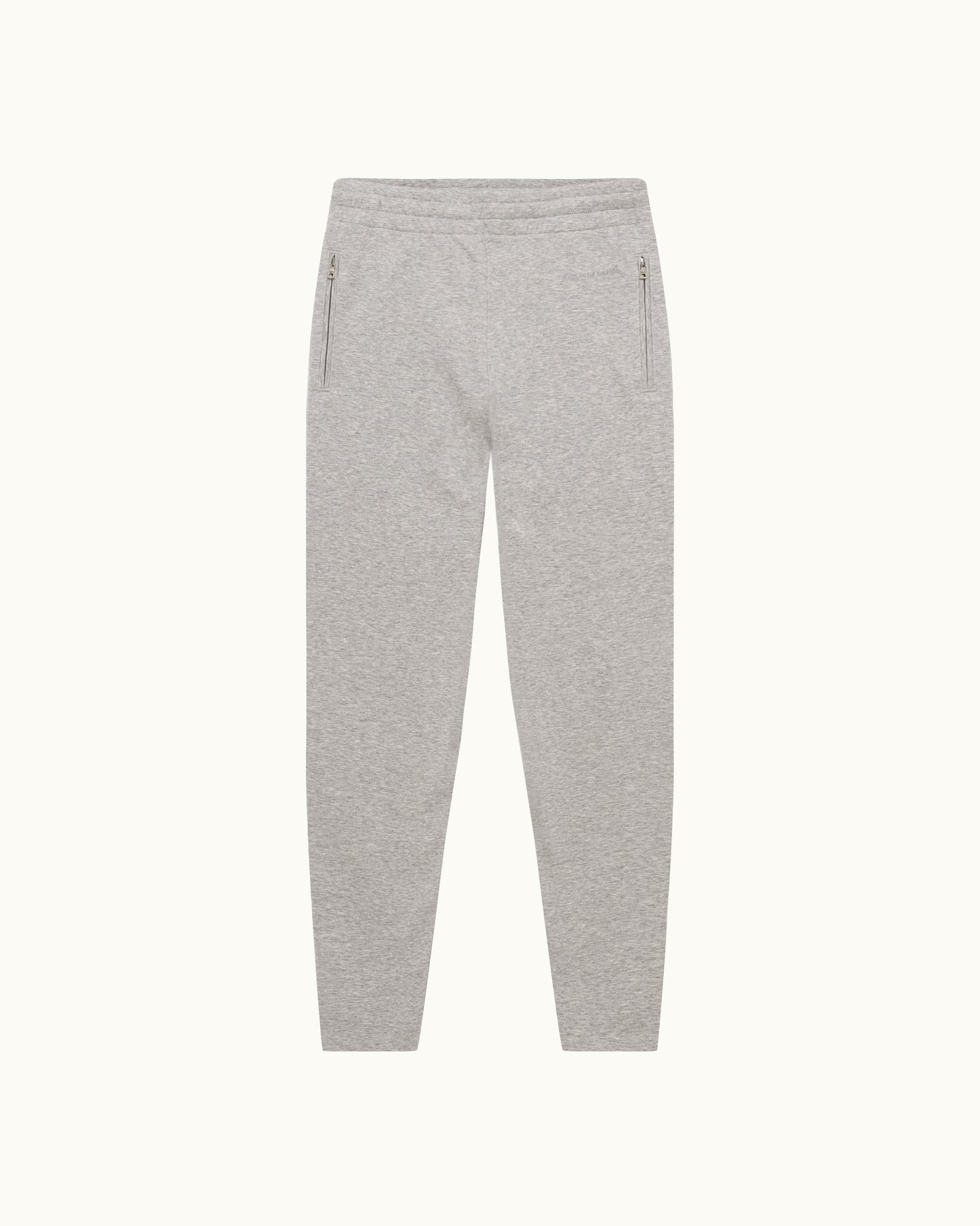Light gray heather jogger pants with zippered side pockets, shown flat against a light off-white background.