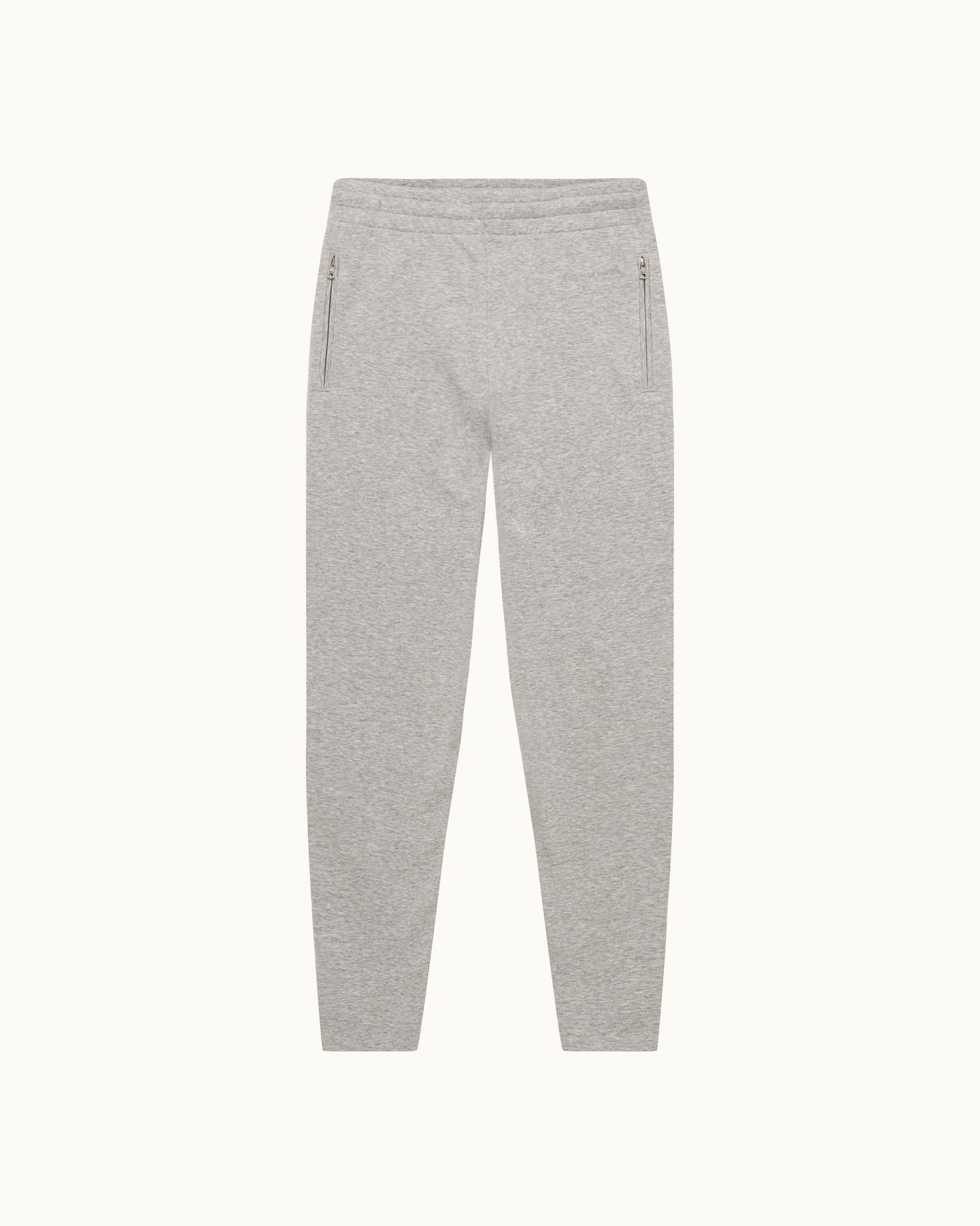 Light gray heather jogger pants with zippered side pockets, shown flat against a light off-white background.