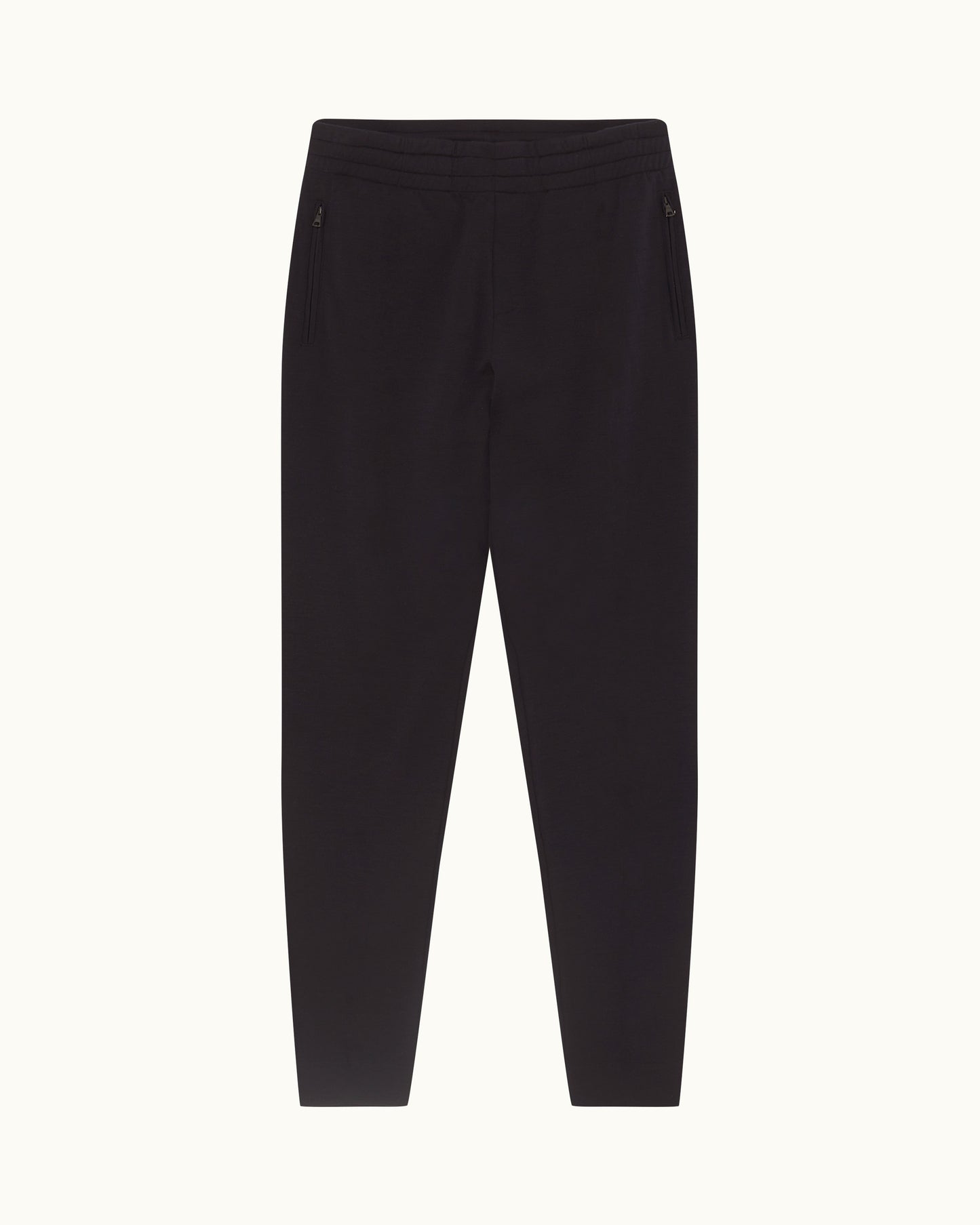 Black slim-fit cropped pants with an elastic waistband, displayed flat against a light off-white background.