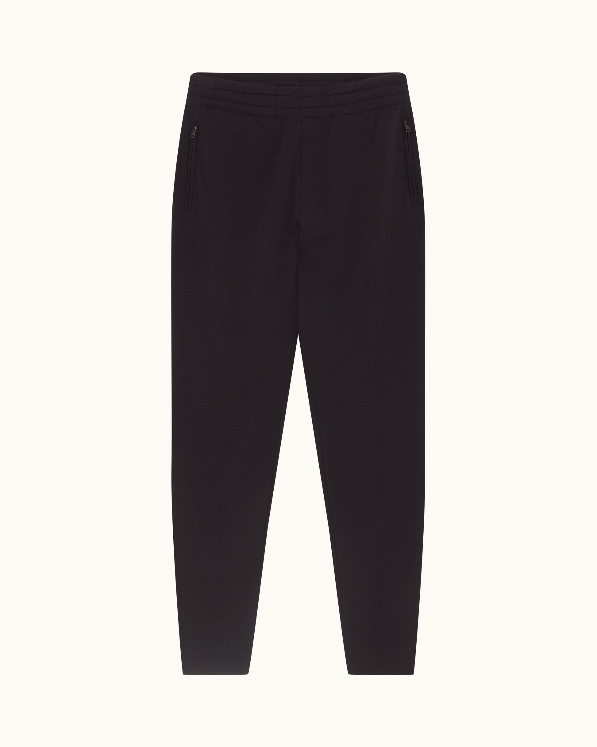 Black slim-fit cropped pants with an elastic waistband, displayed flat against a light off-white background.