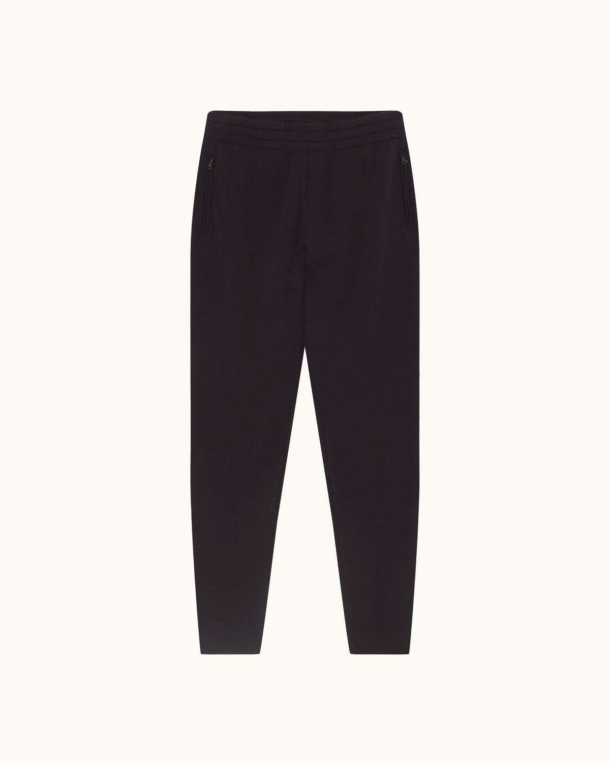 Black sweatpants with a wide elastic waistband, displayed flat against a light off-white background.