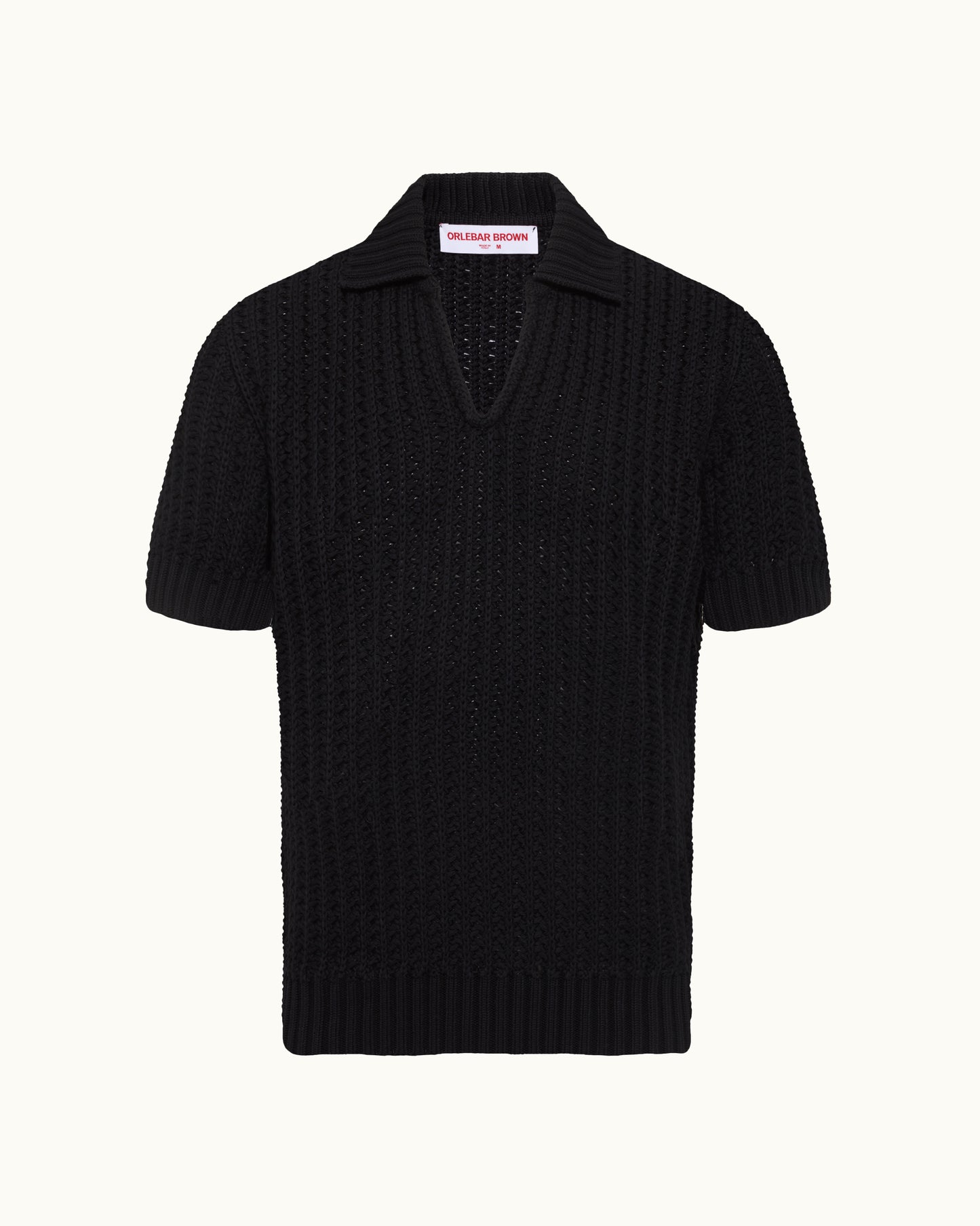 Black short-sleeve knitted polo shirt on a white background