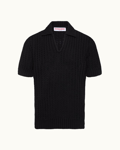 Black short-sleeve knitted polo shirt on a white background