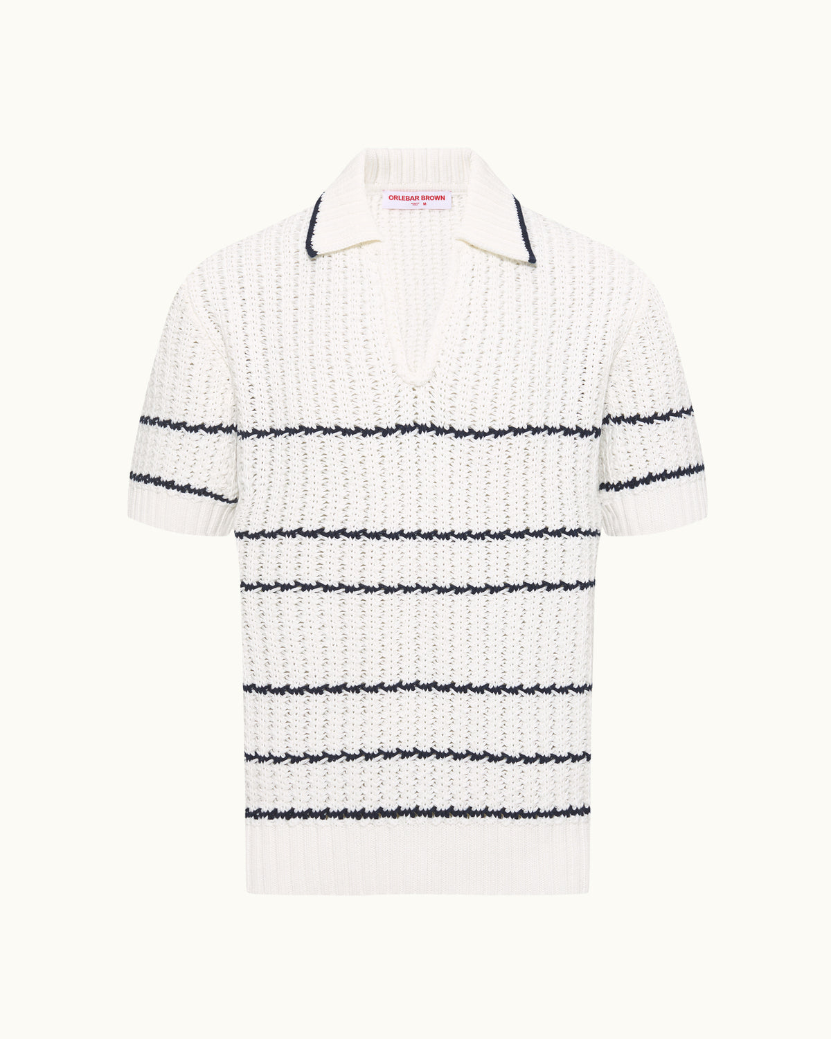 White crochet knit polo shirt with navy horizontal stripes on a plain background