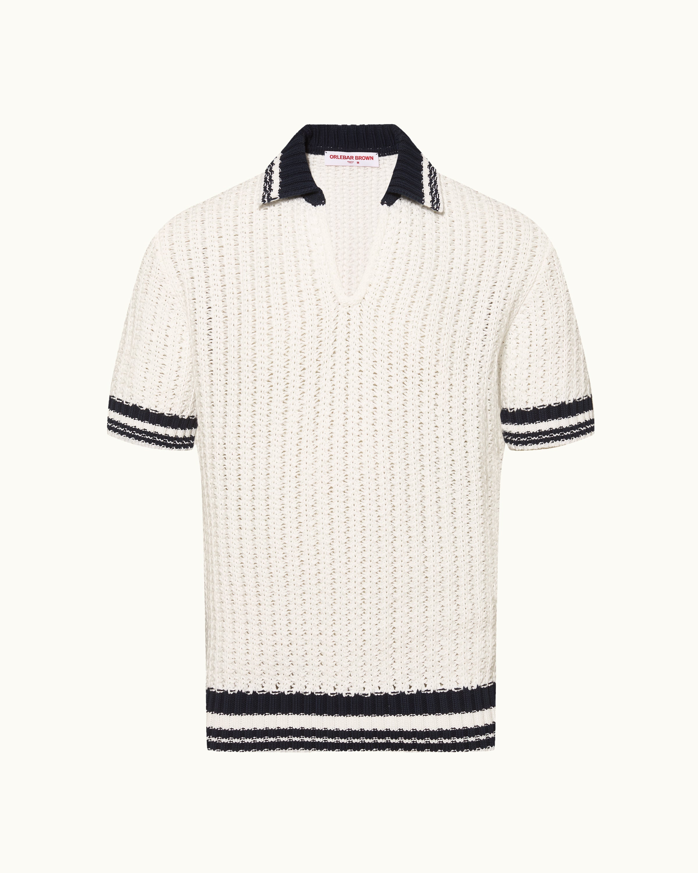Orlebar Brown| Classic Fit Knitted Crochet Polo In White Sand And