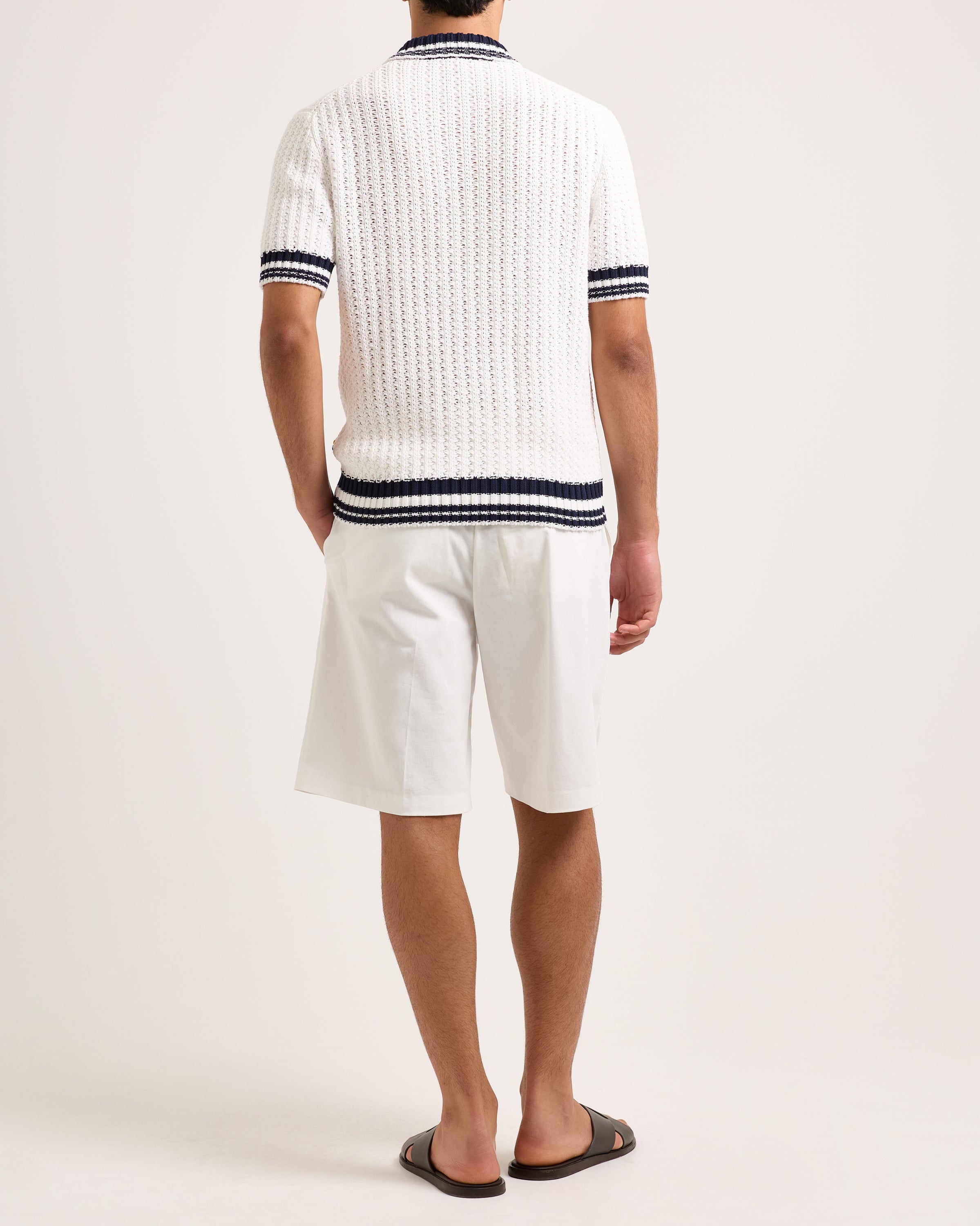 Orlebar Brown| Classic Fit Knitted Crochet Polo In White Sand And