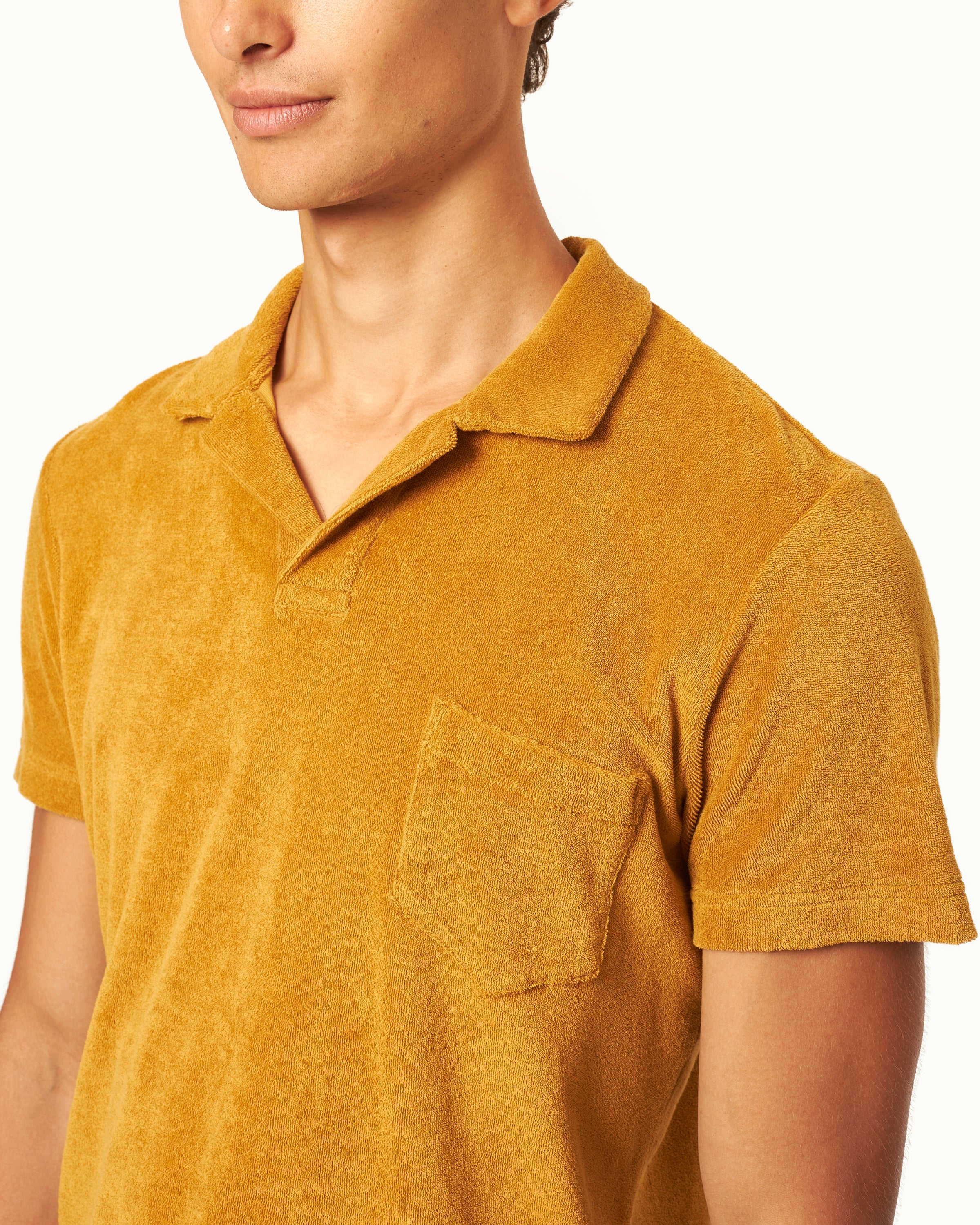 Orlebar Brown Men s Tailored Fit Cotton Towelling Resort Polo Shirt in Gold 007 Gold Collection ORLEBAR BROWN