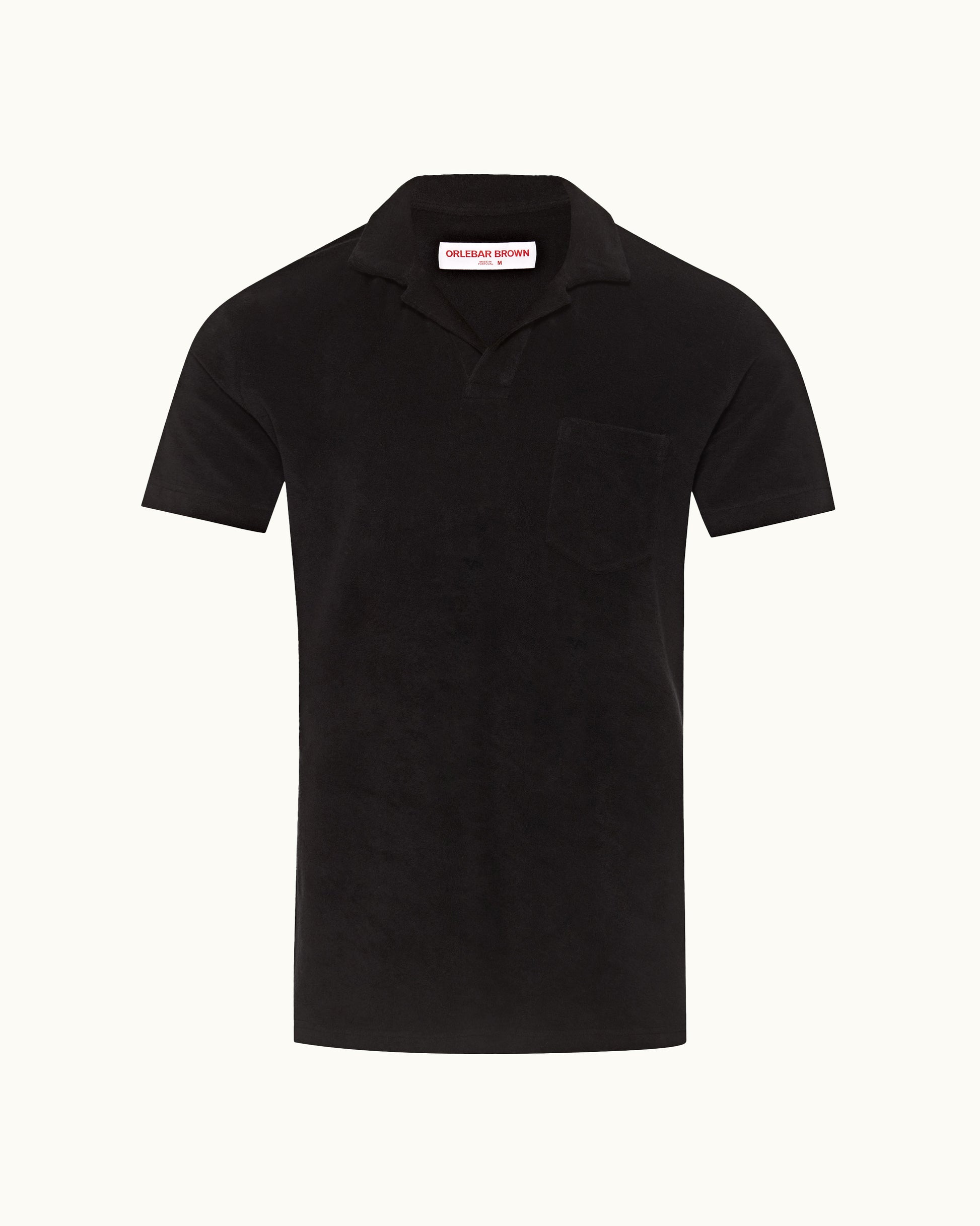Terry Towelling - Tailored Fit Cotton Towelling Resort Polo Shirt in Black Front View