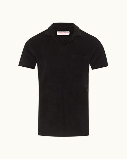 Terry Towelling - Tailored Fit Cotton Towelling Resort Polo Shirt in Black Front View
