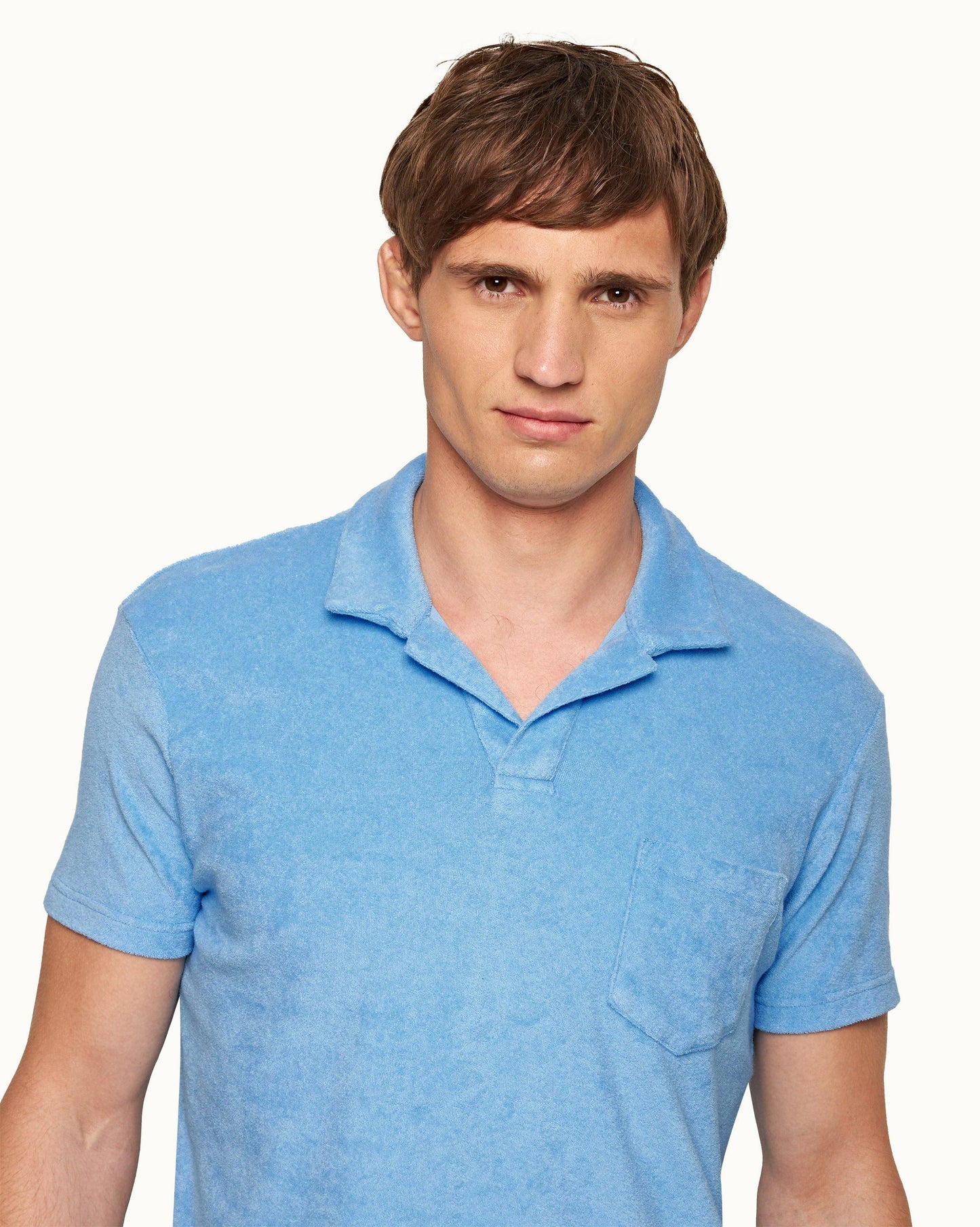 Terry Towelling - Mens Riviera Blue Towelling Resort Polo Shirt Collar Detail View