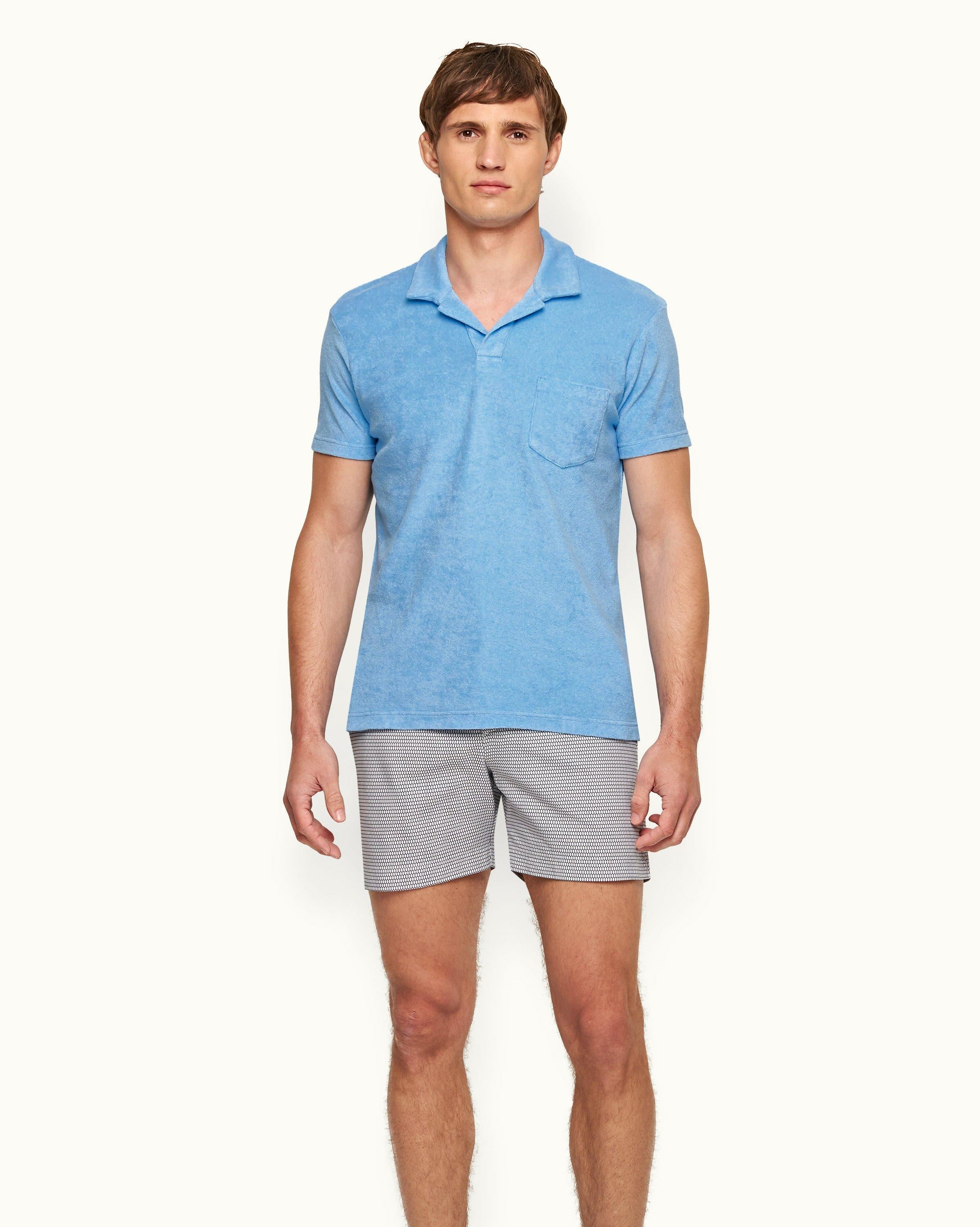 Terry Towelling - Mens Riviera Blue Towelling Resort Polo Shirt Front Model View