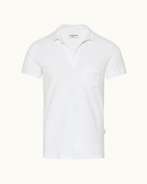 Terry Towelling - Mens White Towelling Resort Polo Shirt Front View