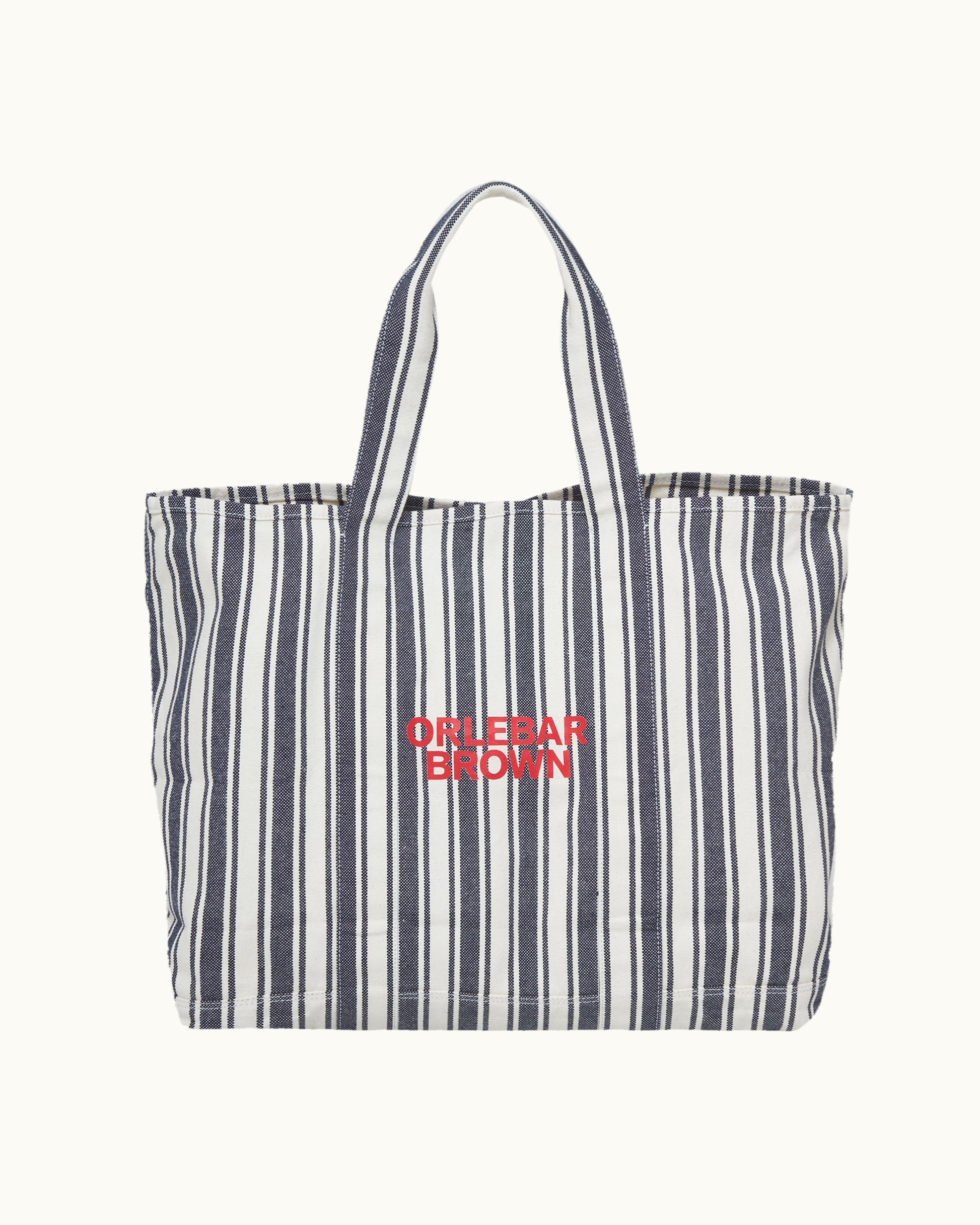 Striped tote bag with 'Orlebar Brown' logo on a white background