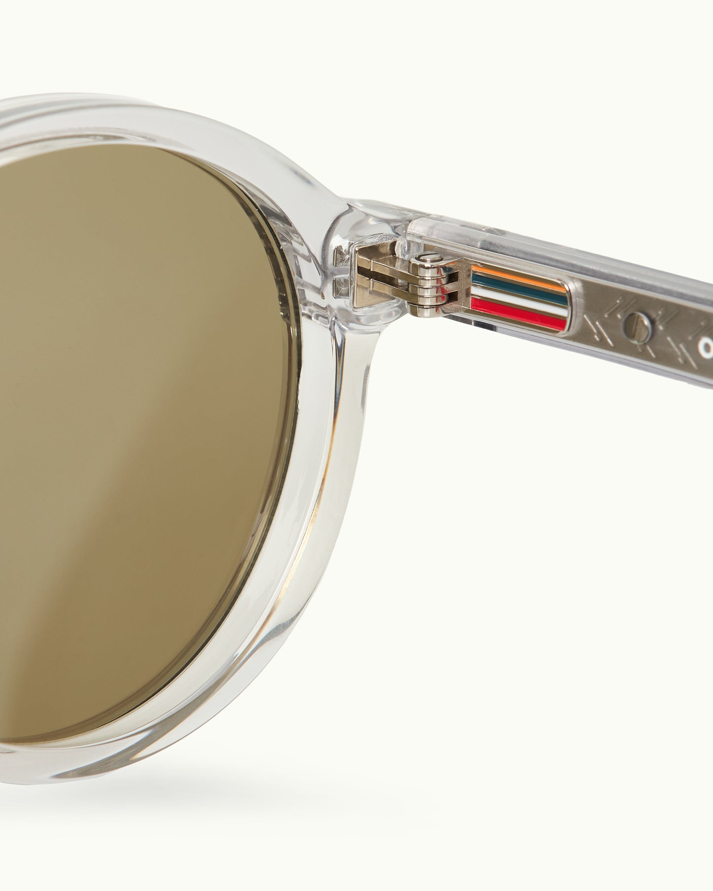 Clear sunglasses with a brand logo on the arm against a white background