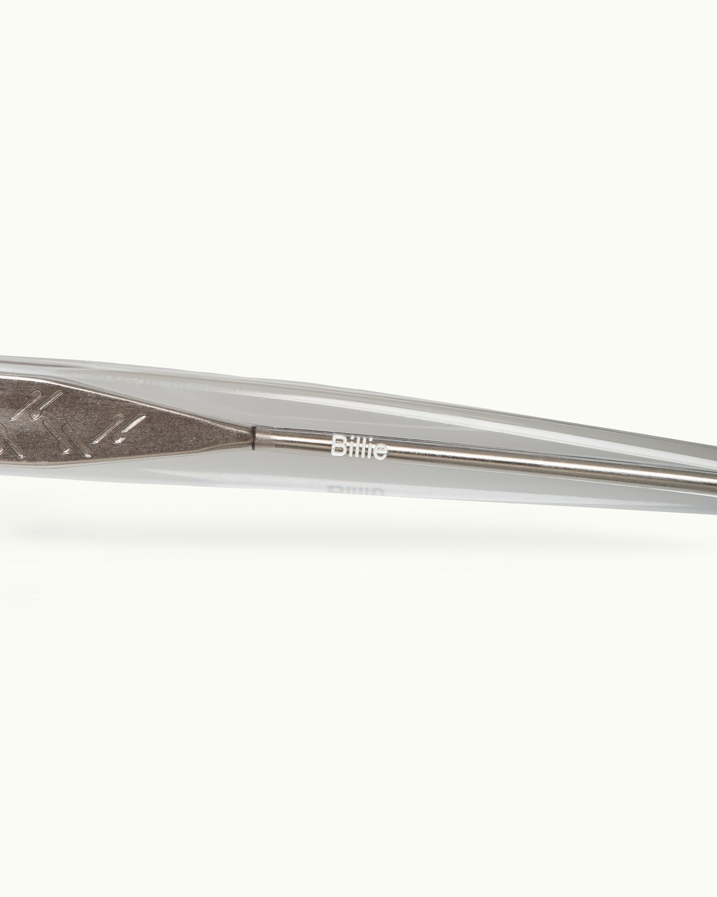 Metallic sunlasses arm on a white background