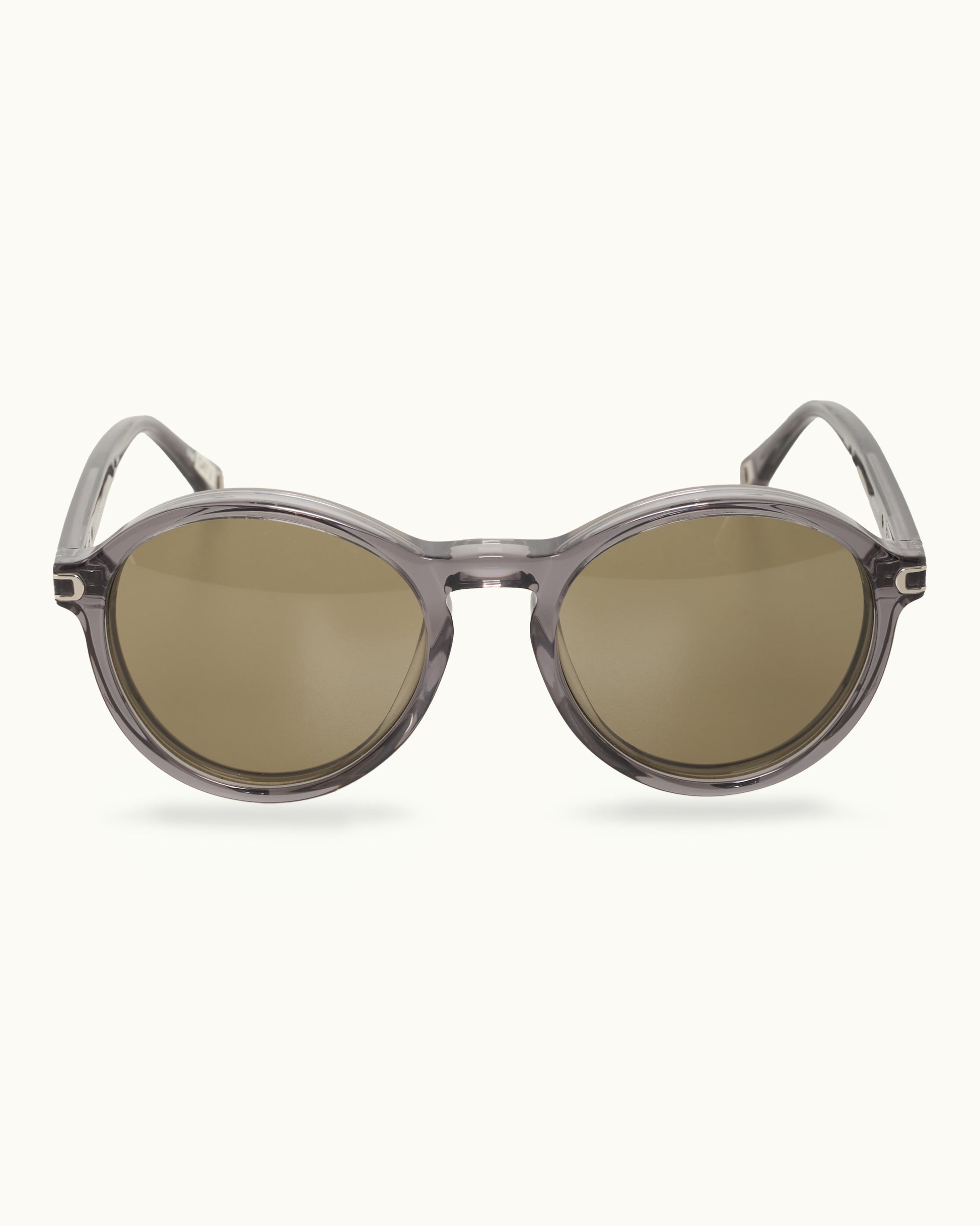 Round sunglasses with a gray frame and brown lenses on a white background
