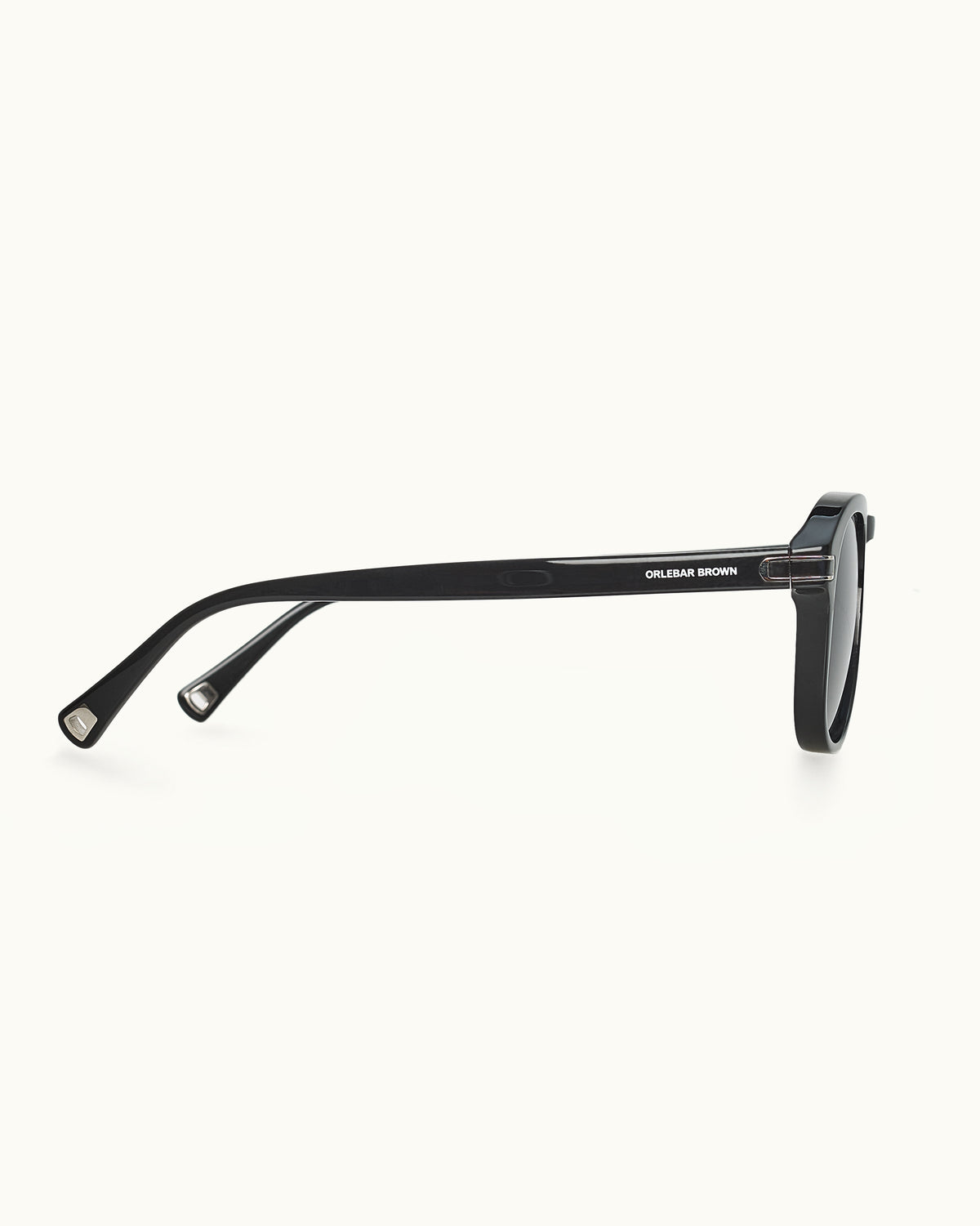 Black sunglasses with 'Orlebar Brown' branding on a white background
