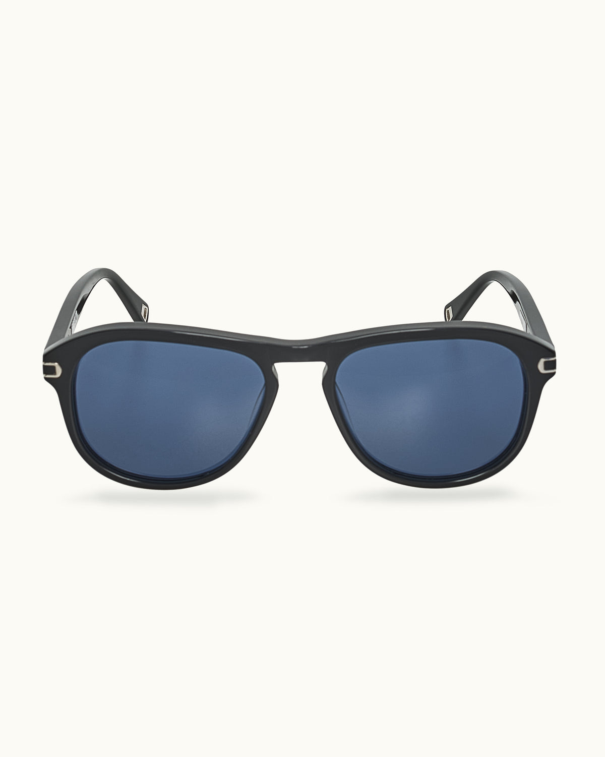 Sunglasses with black frame and blue lenses on a white background