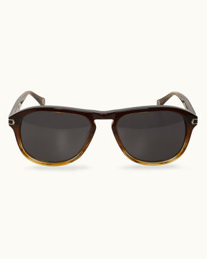 Sunglasses with brown frame and dark lenses on a white background