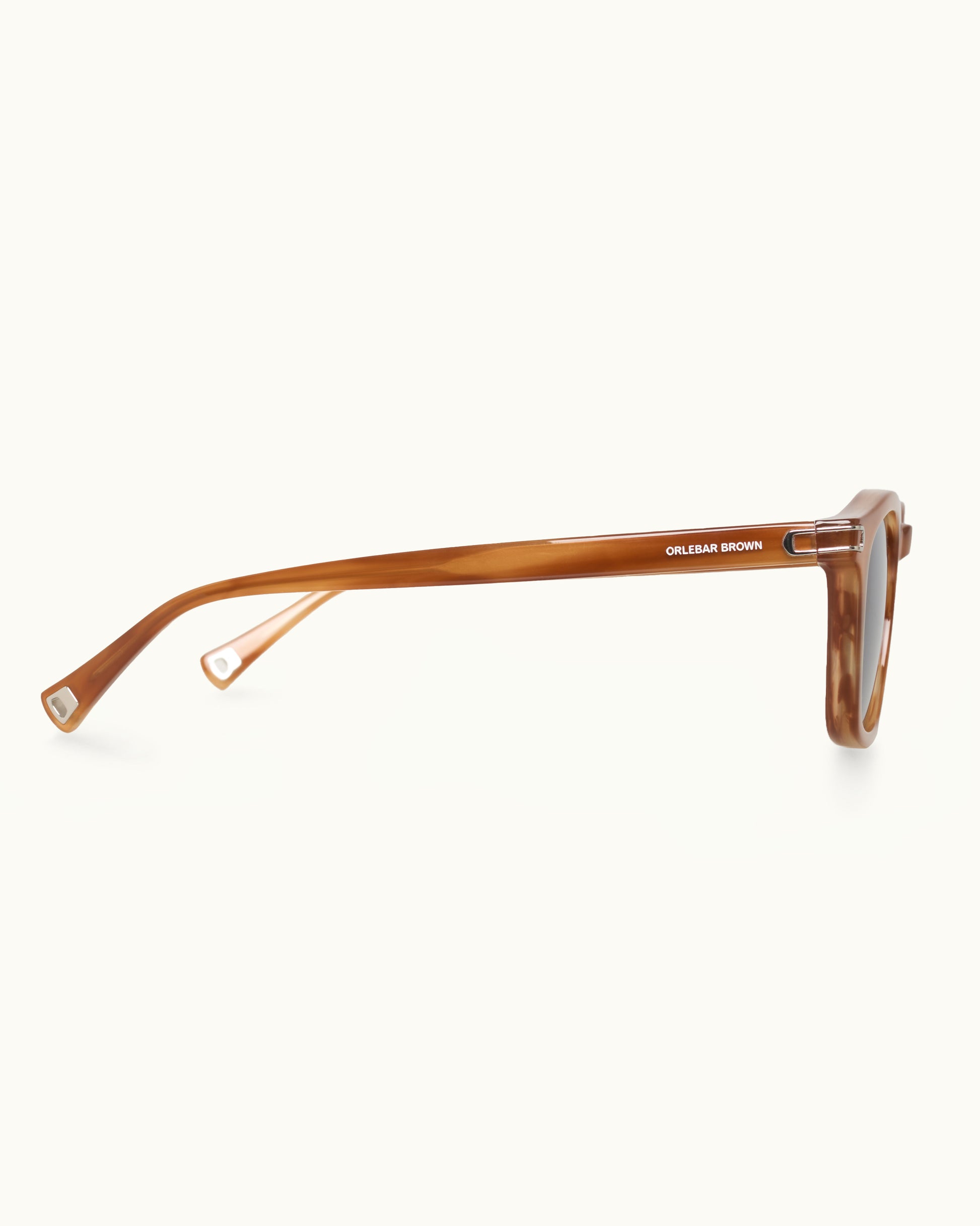 Brown sunglasses with 'Orlebar Brown' branding on a white background