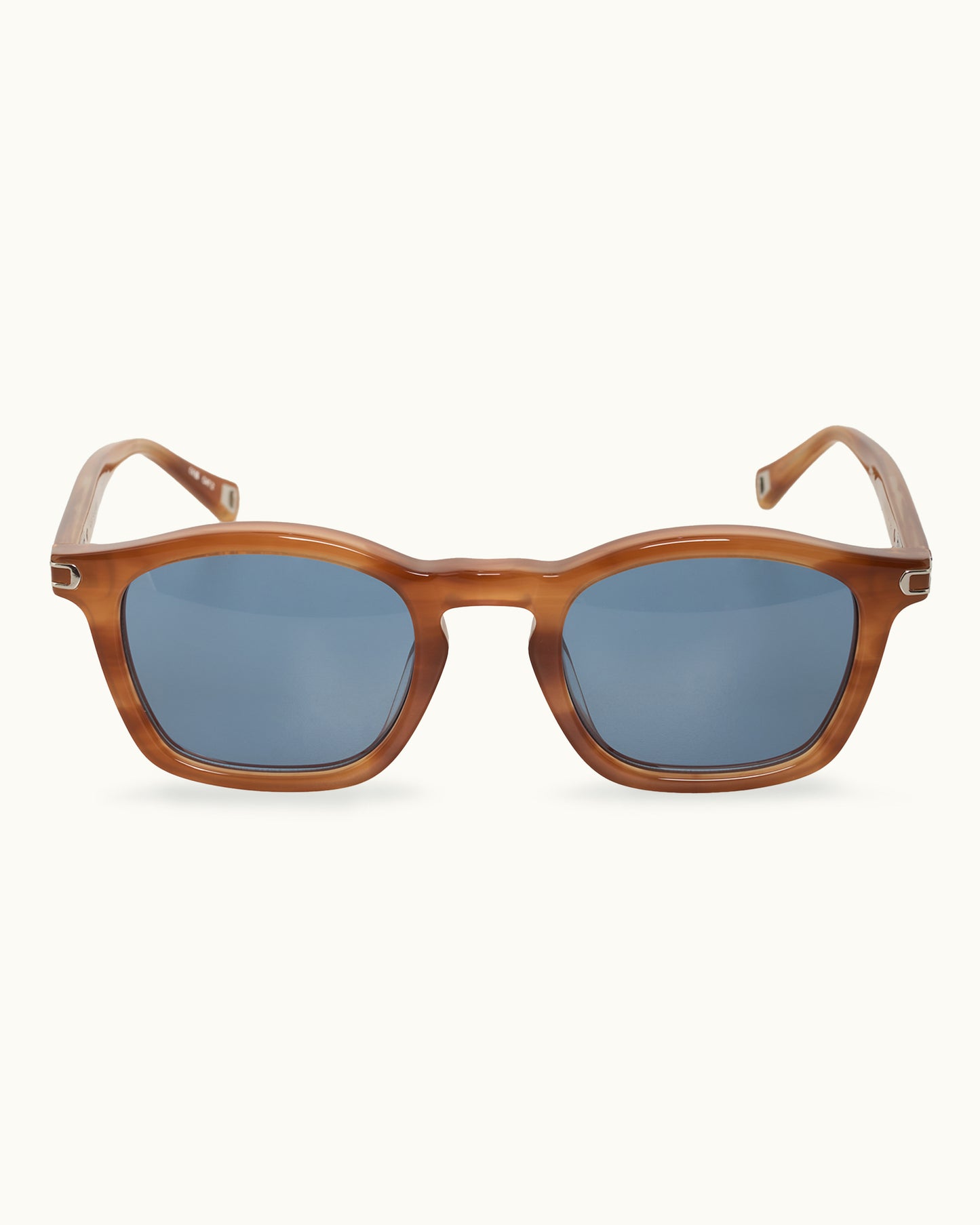 Brown sunglasses with blue lenses on a white background