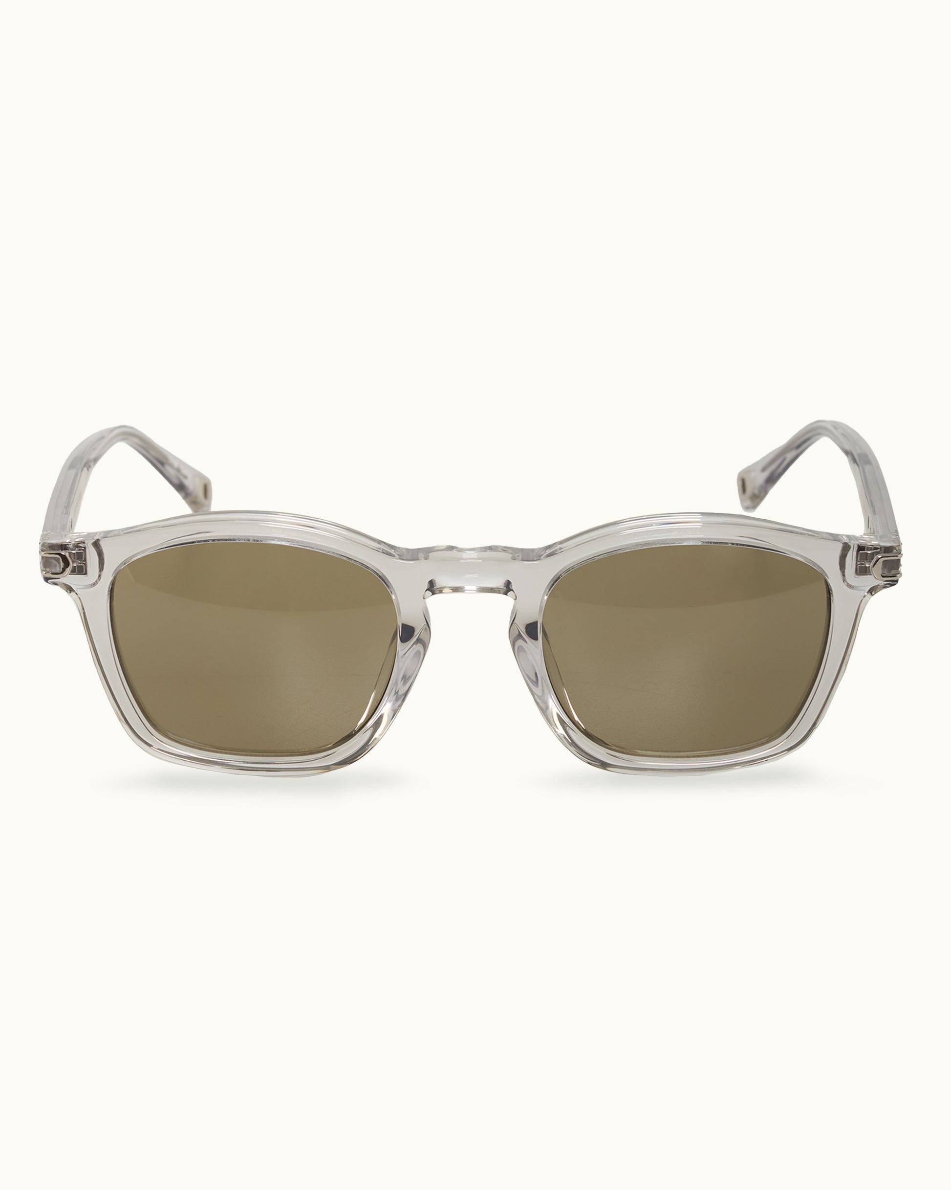 Clear frame sunglasses with dark lenses on a white background