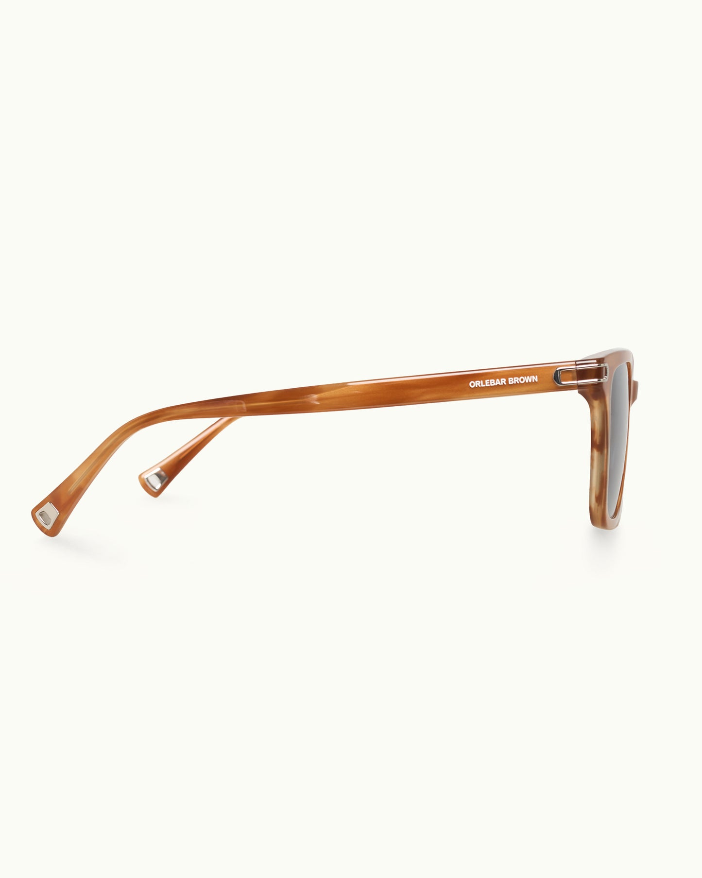 Brown eyeglasses with a visible brand name on a white background