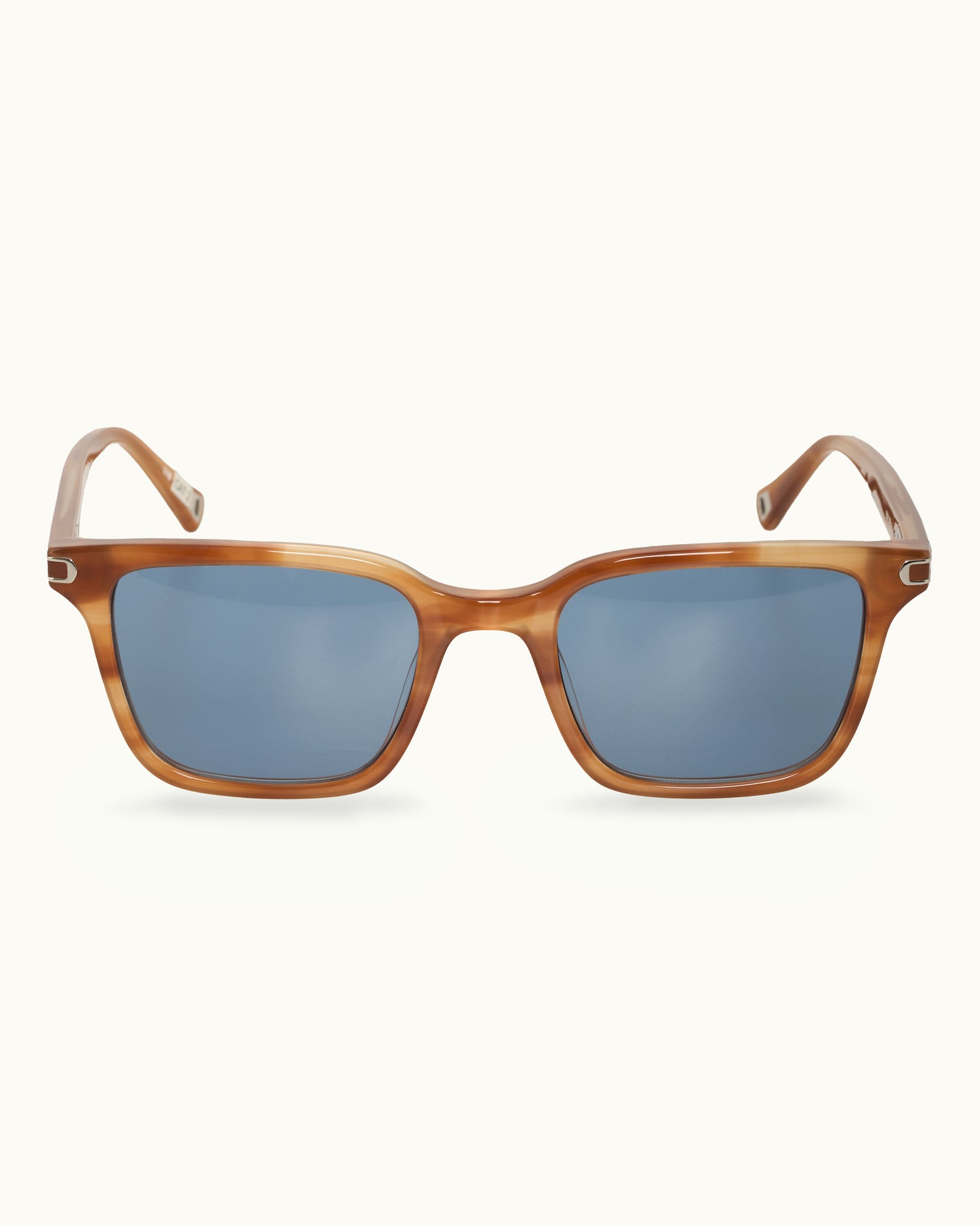 Sunglasses with brown frame and blue lenses on a white background