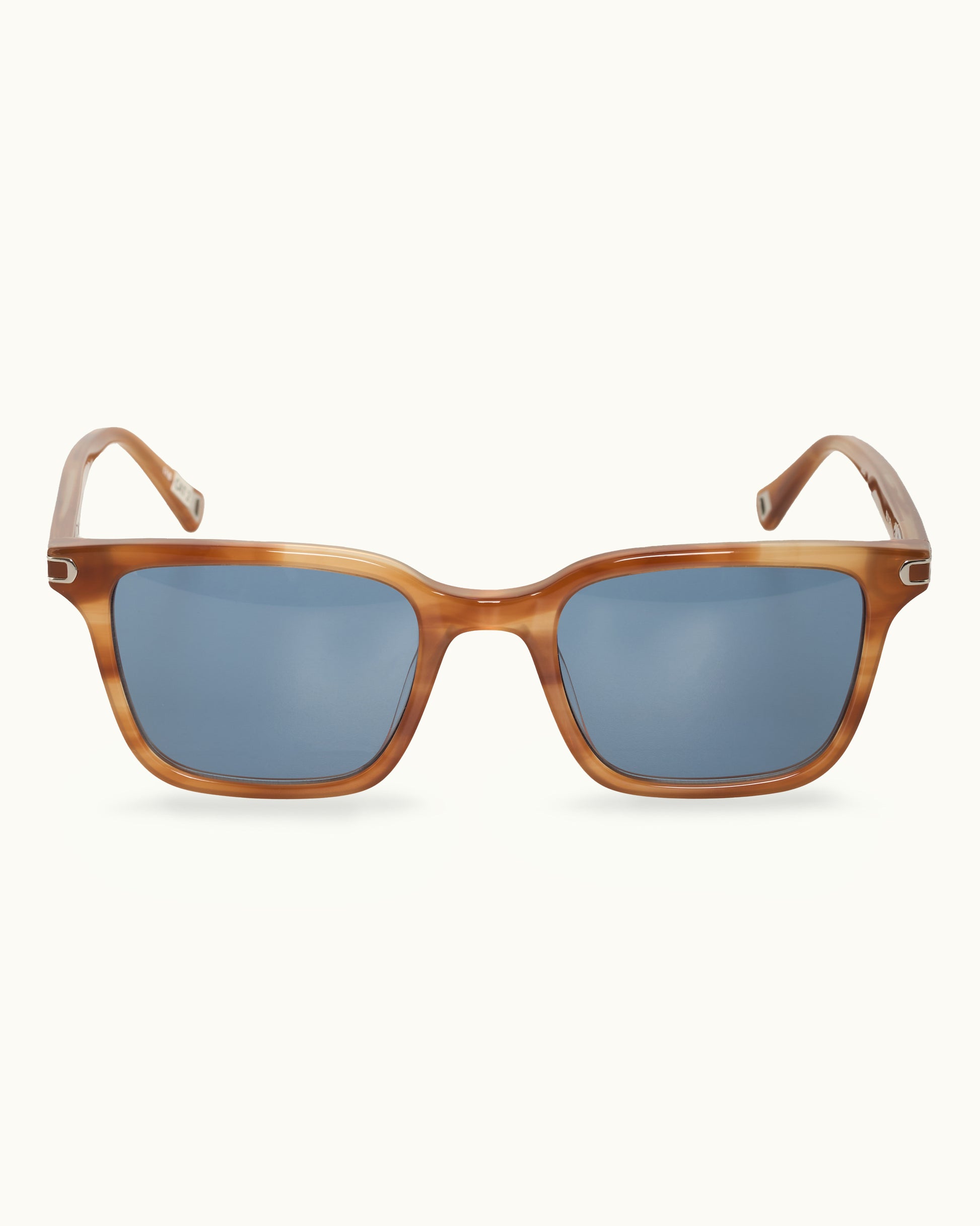 Sunglasses with brown frame and blue lenses on a white background