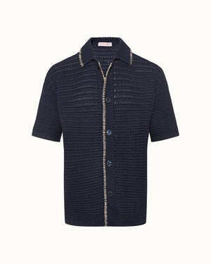 Navy blue textured short-sleeve shirt on a white background