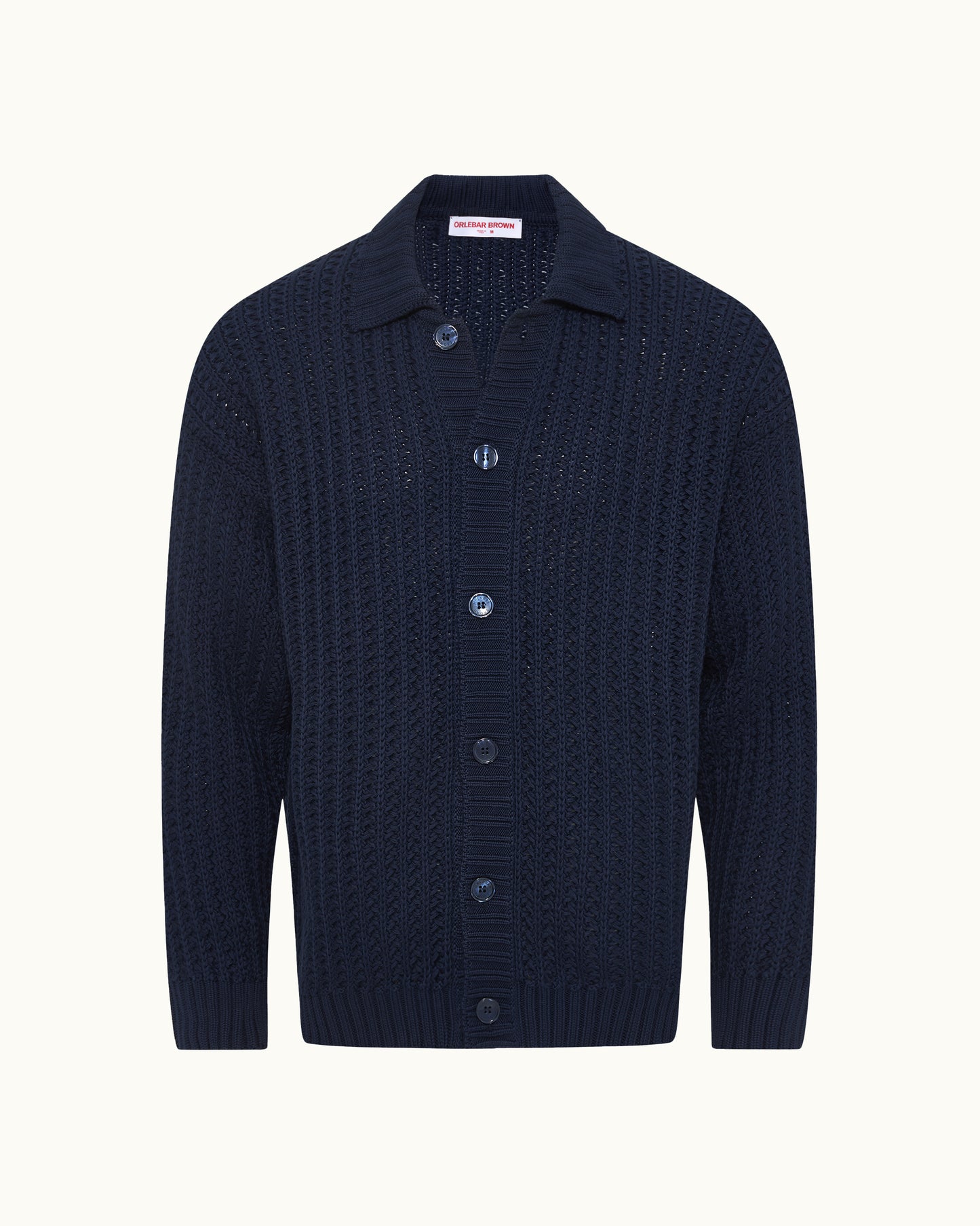 Navy blue textured cardigan on a white background